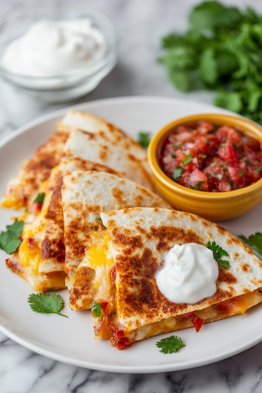 The image shows three triangular quesadilla slices on a black plate, each slice with a crispy, golden-brown top layer of melted cheese. Below the cheese layer, bits of red diced tomatoes and green herbs are visible, suggesting a mix of fresh ingredients. Around the plate, there are scattered chopped green onions and cilantro leaves adding a touch of fresh green color. To the side, there is a white powdered substance being poured from a glass jar, fresh avocado pieces in a white bowl, and small yellow bowls filled with chopped tomatoes and cilantro. The background is a white marbled surface. photo taken with an iphone --ar 2:3 --v 7 - Chicken Quesadilla, Easy Chicken Quesadilla, Crispy Chicken Quesadilla, Cheesy Chicken Quesadilla, Quick Chicken Dinner