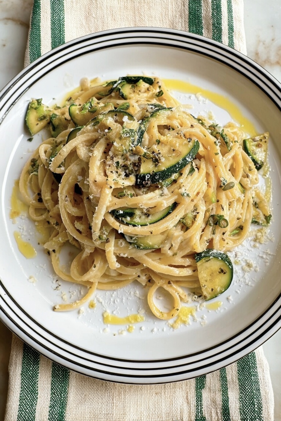The dish is a plate of pasta with three main layers. The bottom layer is flat and wide white noodles, spread evenly across the white plate with rounded bead-like edges. The middle layer consists of green zucchini ribbons mixed throughout the noodles, adding thin, curved green shapes with white and dark green stripes. The top layer is a creamy sauce covering the noodles and zucchini, light beige in color with a slightly grainy texture, sprinkled with fine, pale grated cheese. There is also a small bunch of fresh bright green basil leaves placed on the top edge of the plate. The plate sits on a white marbled surface. photo taken with an iphone --ar 2:3 --v 7 - Creamy Zucchini Pasta, zucchini pasta recipe, healthy creamy pasta, easy zucchini pasta, vegetarian pasta dishes