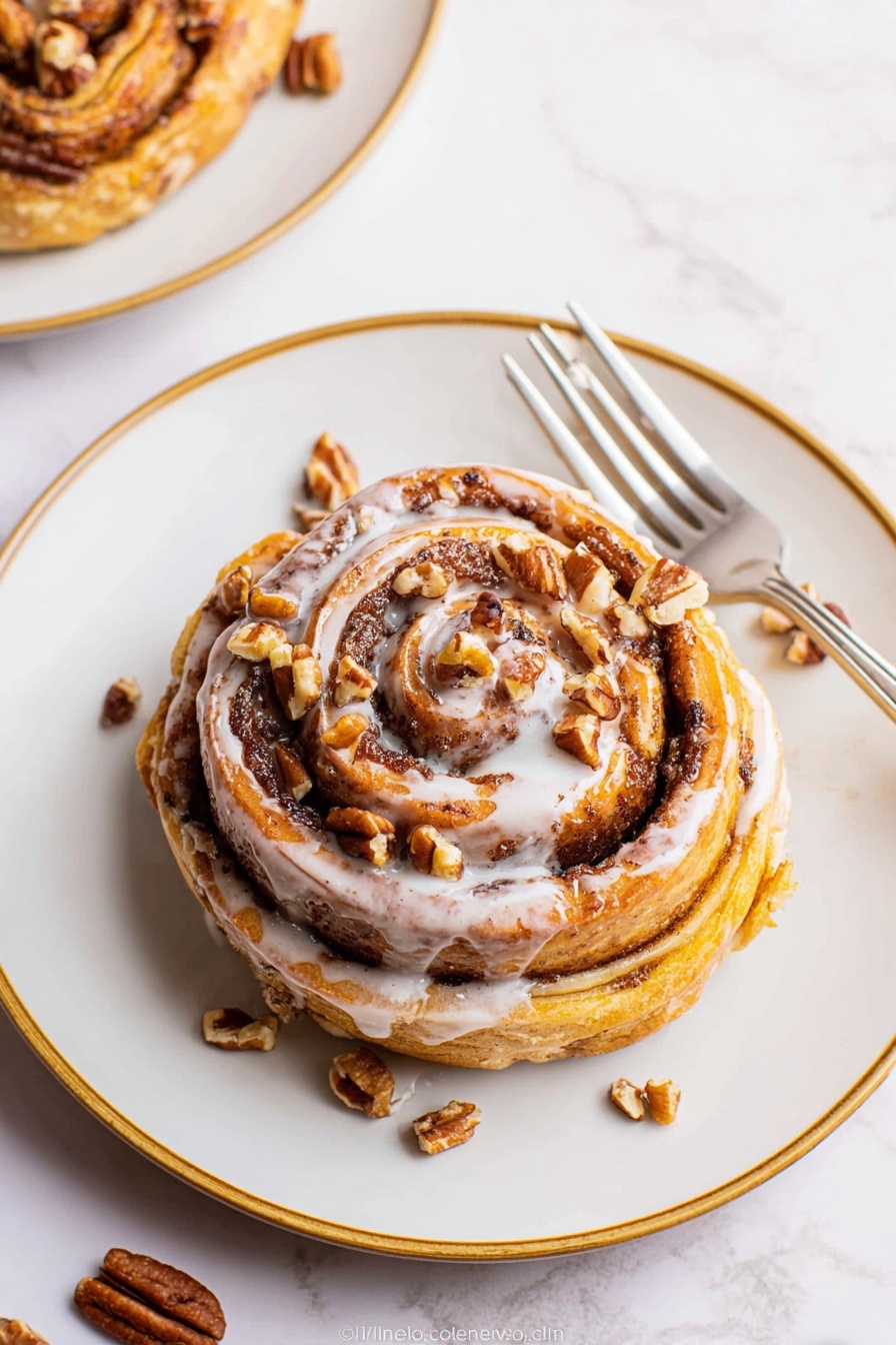 A single cinnamon roll sits in the center of a round white plate with a thin gold rim, placed on a white marbled surface. The cinnamon roll has multiple visible swirls of light golden dough and dark brown cinnamon filling, creating a spiral pattern from the base to the top. On the top surface, there are small pieces of pecan nuts scattered unevenly along with a drizzle of white icing that runs over the roll and pools slightly on the plate. To the right side of the plate, a silver fork rests partially on the plate and surface. In the top left corner, another cinnamon roll is partially visible. The photo was taken with an iphone --ar 2:3 --v 7 - Pumpkin Cinnamon Roll Muffins, pumpkin spice muffins, cinnamon roll muffins, fall breakfast recipes, easy pumpkin muffins