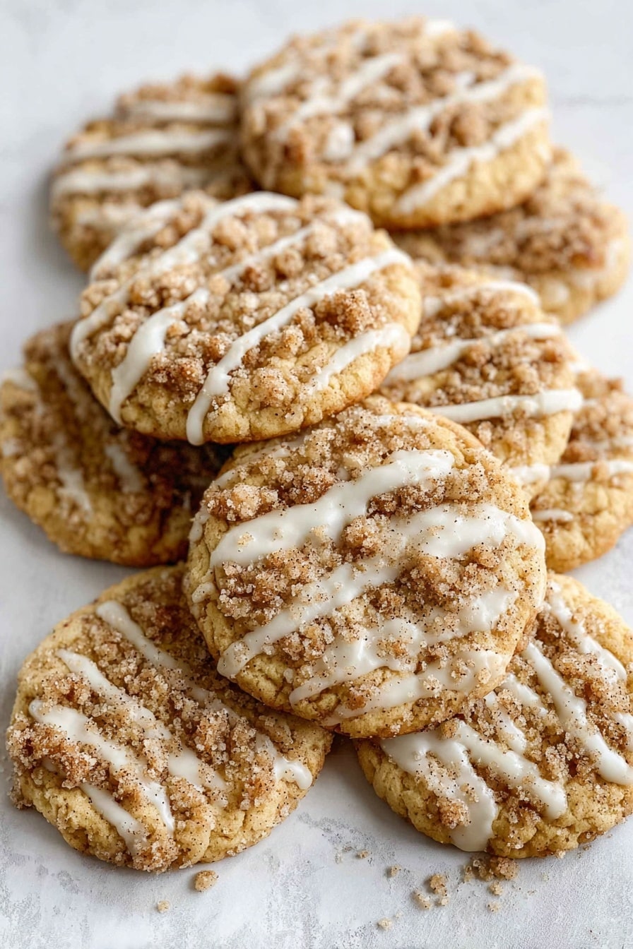 A single round cookie with a light brown base sits on a crinkled white sheet, sprinkled with crumbly, darker brown streusel bits scattered mostly in the center. A thin layer of white icing is drizzled across the cookie in uneven, slightly shiny lines, covering both the streusel and cookie surface. There are small crumbs around the cookie on the sheet, adding texture to the scene. The background is a white marbled texture photo taken with an iphone --ar 2:3 --v 7 - Coffee Cake Cookies with Cinnamon Crumble, coffee cake cookies, cinnamon crumble cookies, easy coffee cake cookies, homemade cinnamon cookies