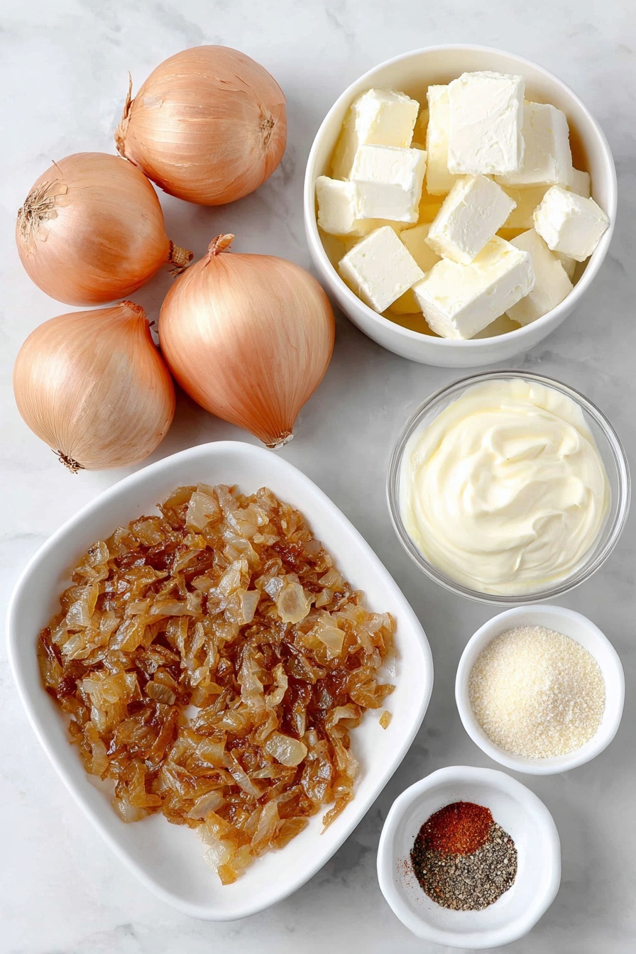 Flat lay of a few small golden-brown caramelized onions diced, three whole brown onions unpeeled, a small white ceramic bowl with cold cream cheese cubes, a small white ceramic bowl with thick sour cream, a small white ceramic bowl with smooth whole egg mayonnaise, a few small cubes of pale yellow butter, a small white ceramic bowl with coarse black pepper, a small white ceramic bowl with salt, a small white ceramic bowl with reddish cayenne pepper powder, a small white ceramic bowl with light beige onion powder, all arranged in perfect symmetry and balanced proportions, placed on a clean white marble surface, soft natural light, photo taken with an iPhone, professional food photography style, fresh ingredients, white ceramic bowls, no bottles, no duplicates, no utensils, no packaging --ar 2:3 --v 7 --p m7354615311229779997 - French Onion Dip, homemade French onion dip, easy French onion dip, creamy onion dip, savory onion dip