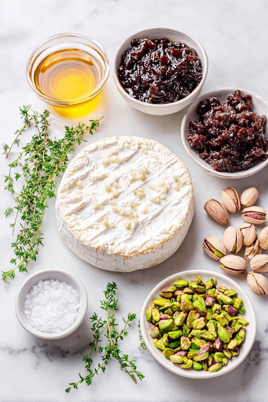 Flat lay of a whole 8-ounce wheel of creamy brie cheese, a small white bowl of rich dark fig jam, a small white bowl of chopped dried figs with natural deep purple and brown tones, a small white bowl of roasted and salted chopped pistachios in shades of green and beige, a few fresh sprigs of bright green thyme leaves scattered delicately, a small white bowl containing clear golden brandy, and a small white bowl with fine pinch of salt crystals, placed on a clean white marble surface, soft natural light, photo taken with an iPhone, professional food photography style, fresh ingredients, white ceramic bowls, no bottles, no duplicates, no utensils, no packaging --ar 2:3 --v 7 --p m7354615311229779997 - Baked Brie with Fig Jam and Pistachios, baked brie appetizer, easy cheese appetizer, elegant party appetizer, fig jam cheese dip