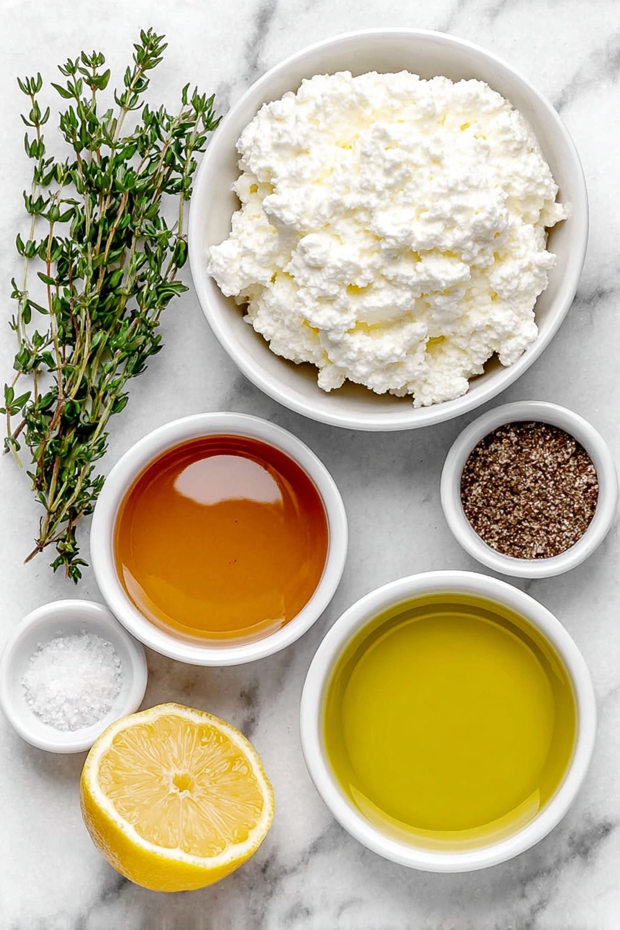 Flat lay of a small white ceramic bowl filled with fresh whole milk ricotta cheese, a small white ceramic bowl of golden honey with a smooth surface, a small white ceramic bowl of extra-virgin olive oil shimmering softly, a few sprigs of fresh green thyme leaves, a small white ceramic bowl containing fine white sea salt, a small white ceramic bowl with freshly cracked black pepper, and a half lemon showing bright yellow zest, all arranged symmetrically and balanced, placed on a clean white marble surface, soft natural light, photo taken with an iPhone, professional food photography style, fresh ingredients, white ceramic bowls, no bottles, no duplicates, no utensils, no packaging --ar 2:3 --v 7 --p m7354615311229779997 - Whipped Ricotta Dip with Honey, Ricotta honey dip, Easy ricotta cheese appetizer, Creamy honey ricotta dip, Elegant party dip