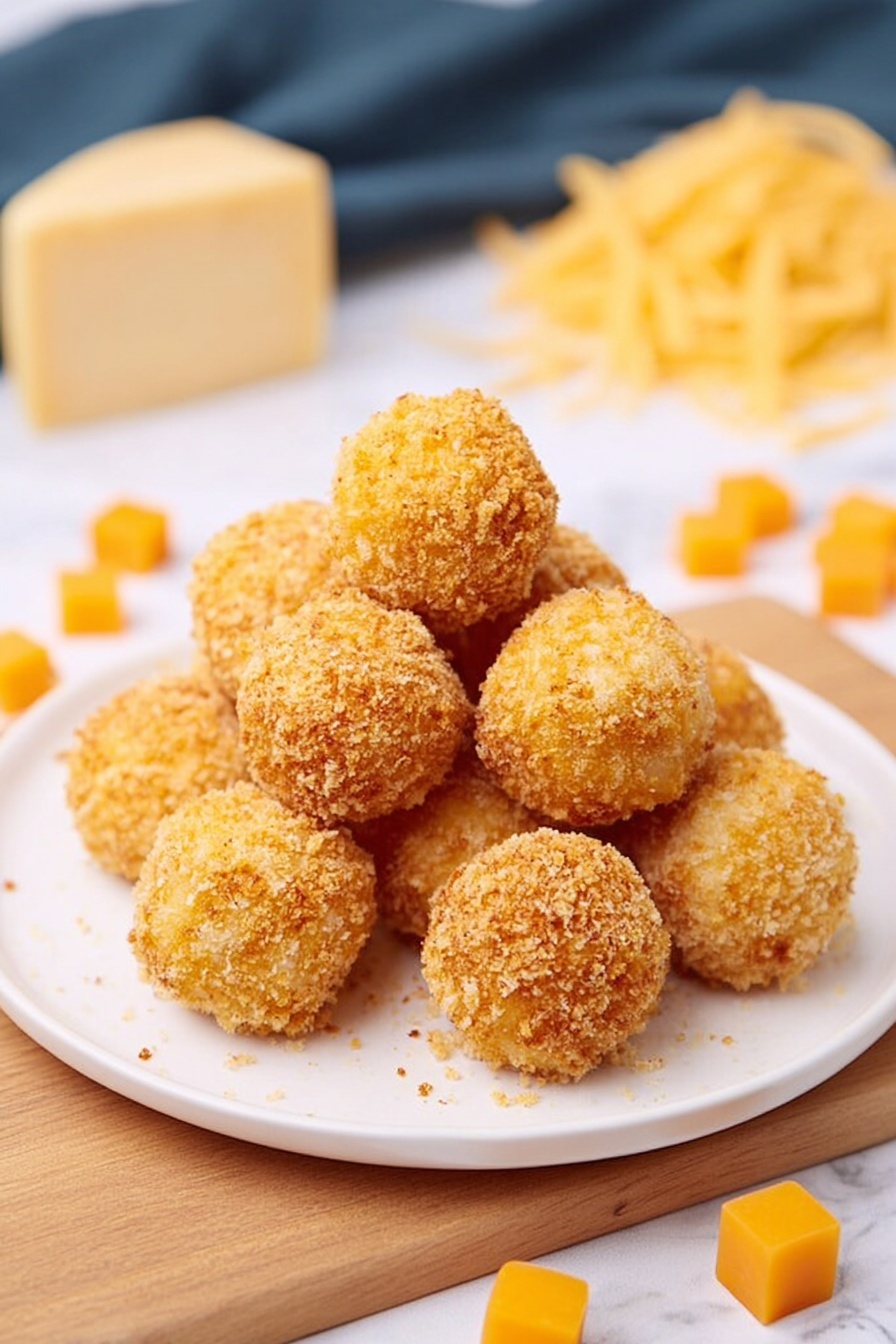The image shows a white plate with a pile of round, golden-brown balls that look crispy on the outside with a crumbly texture. Each ball is evenly coated with breadcrumbs that create a rough surface. The plate sits on a light wooden board, which rests on a white marbled surface. Scattered around the plate are small cubes of bright orange cheese and some uncooked pasta, with a block of cheese blurred in the background. The overall look is warm and inviting, with a nice contrast between the golden balls and the white plate. photo taken with an iphone --ar 2:3 --v 7 - Baked Mac and Cheese Bites, cheesy snack recipes, crispy mac and cheese bites, party appetizer ideas, easy cheesy snack