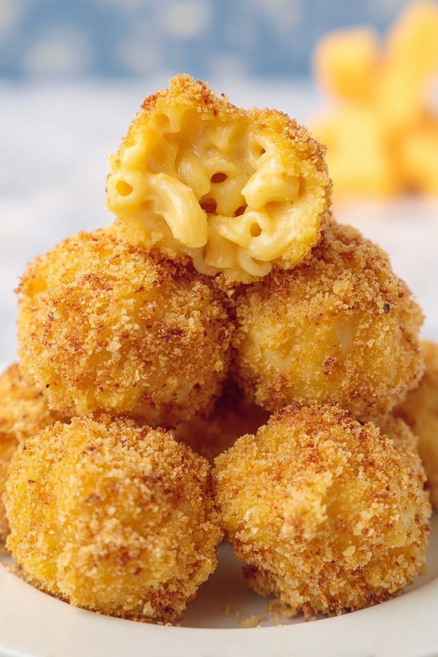The image shows a pile of six crispy, round macaroni and cheese balls on a white plate, stacked closely together. The balls have a golden-brown, crunchy breadcrumb crust covering them completely. One ball on the top is cut in half, revealing creamy, pale yellow macaroni pasta inside with a smooth, cheesy texture. The background is a blurred white marbled surface with hints of yellow cheese shapes in soft focus. Photo taken with an iphone --ar 2:3 --v 7 - Baked Mac and Cheese Bites, cheesy snack recipes, crispy mac and cheese bites, party appetizer ideas, easy cheesy snack