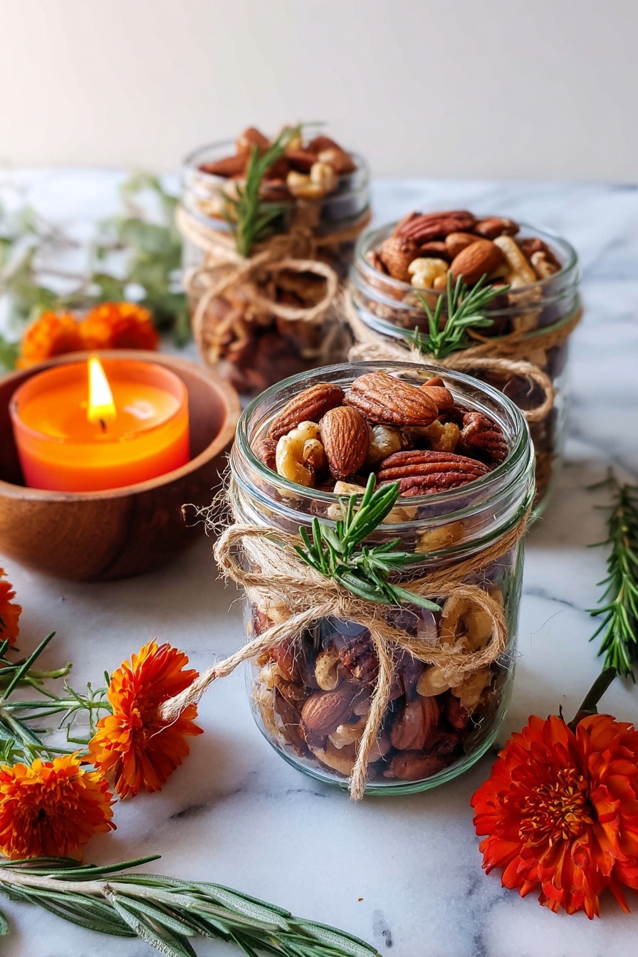 The image shows three clear glass jars filled with mixed nuts, including almonds, pecans, and walnuts. Each jar is tied with a rustic brown twine bow around the middle, along with a small sprig of fresh green rosemary tucked under the twine. The jars are placed on a white marbled surface, with one jar in the front and two slightly blurred in the background. To the left, there is a small wooden bowl holding a lit candle with an orange flame, casting a warm glow. A few green rosemary sprigs and bright orange-red flowers are scattered around the jars on the surface. The background also has a white marbled texture photo taken with an iphone --ar 2:3 --v 7 - Rosemary Roasted Mixed Nuts, roasted mixed nuts recipe, easy nut snack, flavorful roasted nuts, homemade nut mix