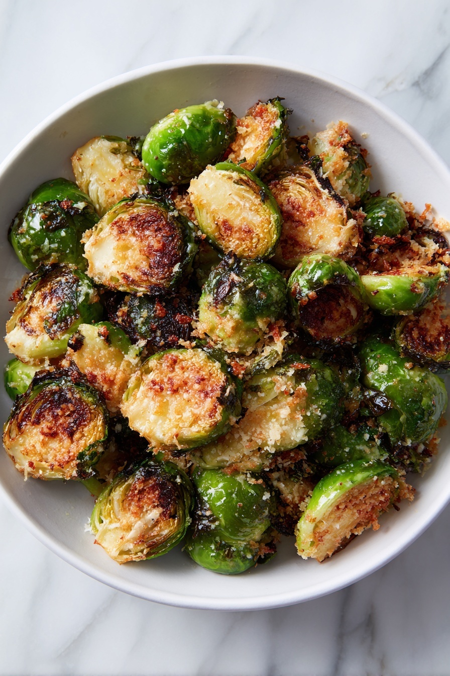 A white oval plate holds one layer of roasted Brussels sprouts mixed with crispy, golden brown cheese crisps. The Brussels sprouts are bright green with some charred grill marks and the cheese crisps have an irregular round shape with a crunchy texture. Next to the plate is a white baking tray with a blue rim, showing more cheese crisps stuck to its surface and a metal spatula resting on it. The background is a white marbled surface with some stray crumbs scattered around, and a folded pink cloth is partly visible at the edge of the scene. Photo taken with an iphone --ar 2:3 --v 7 - Crispy Parmesan Brussels Sprouts, Brussels Sprouts Side Dish, Easy Brussels Sprouts Recipe, Cheesy Brussels Sprouts, Healthy Vegetable Side