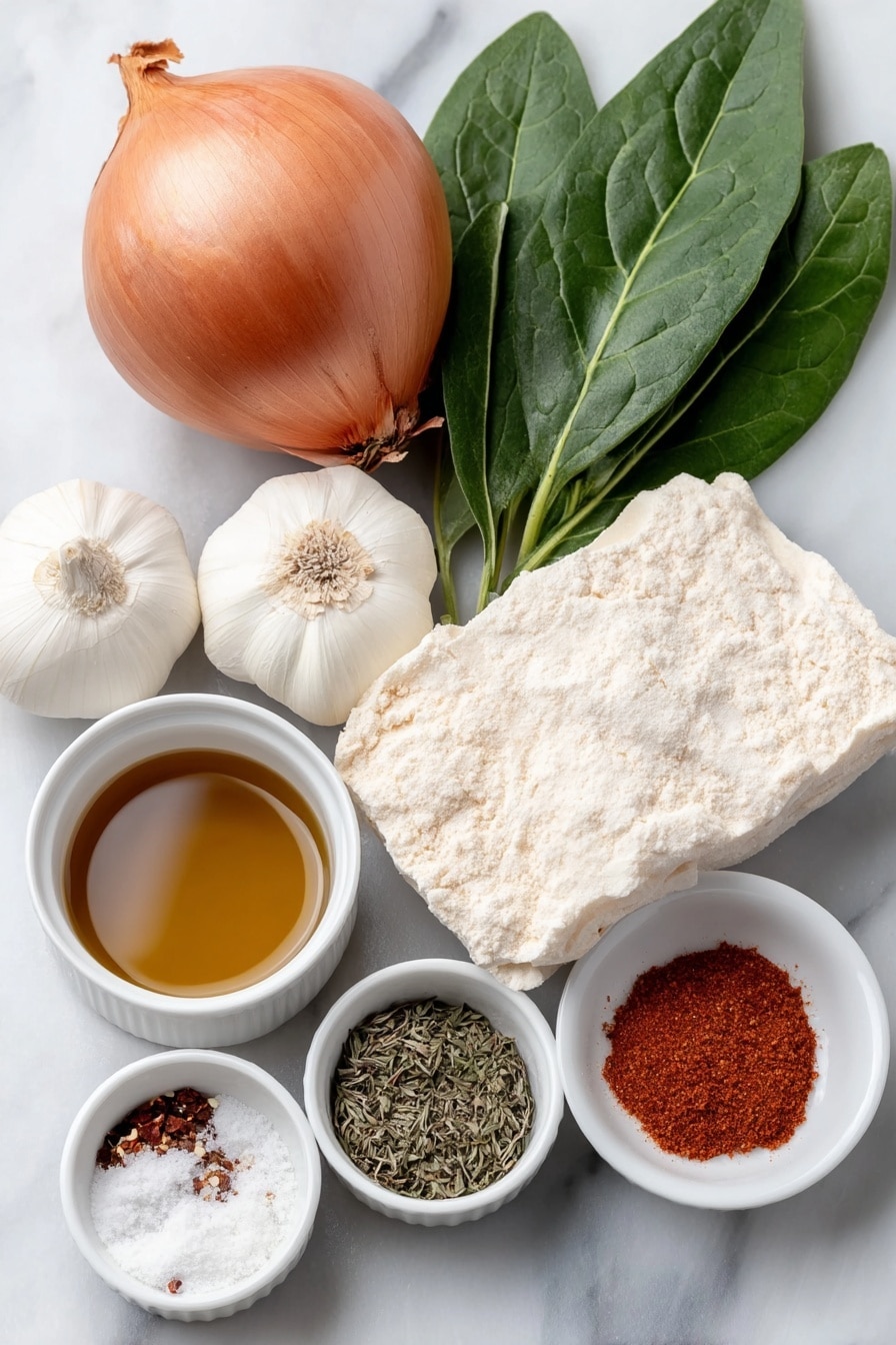 Flat lay of a whole medium golden brown onion, a few fresh dark green spinach leaves loosely piled, three uncracked garlic cloves with smooth white skins, a small mound of golden nutritional yeast flakes, a small white ceramic bowl of clear golden olive oil, a small white ceramic bowl of amber maple syrup, a small white ceramic bowl of dried red chili flakes, a small white ceramic bowl with finely ground black pepper, a small white ceramic bowl with dried thyme leaves, a small white ceramic bowl of fine white salt, a small white ceramic bowl containing pale beige ground nutmeg powder, and a neatly folded pale beige sheet of puff pastry, all arranged with perfect symmetry on a clean white marble surface, soft natural light, photo taken with an iPhone, professional food photography style, fresh ingredients, white ceramic bowls, no bottles, no duplicates, no utensils, no packaging --ar 2:3 --v 7 --p m7354615311229779997 - Vegan Caramelized Onion Spinach Puff Pastry, vegan savory pastry, caramelized onion spinach tart, vegan puff pastry ideas, spinach and onion vegan tart
