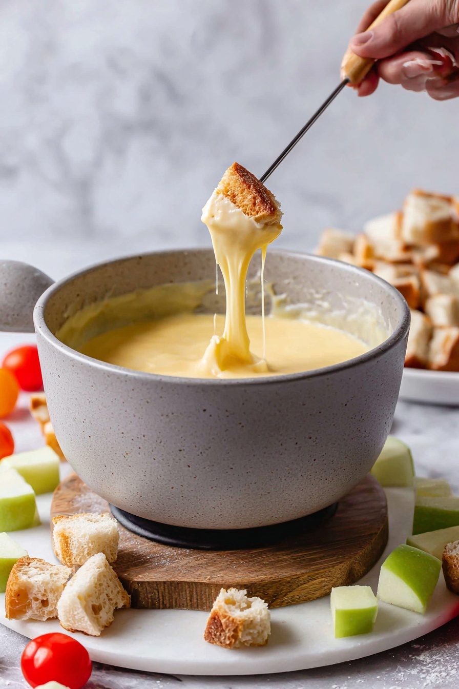 A pot of smooth, creamy yellow cheese fondue sits in the center on a round wooden board placed over a white marble surface. The fondue pot has light gray edges and a handle wrapped with a beige cloth. Around it, chunks of golden toasted bread rest on a white plate, with a few pieces scattered on the marble surface next to wooden skewers. On the lower right, bright green apple pieces and shiny red grape tomatoes are spread on a white plate, adding fresh colors to the setup. Photo taken with an iphone --ar 2:3 --v 7 - Cheese Fondue, Cheese Fondue with Dippables, Melty Cheese Dip Recipe, Easy Cheese Fondue, Party Cheese Fondue