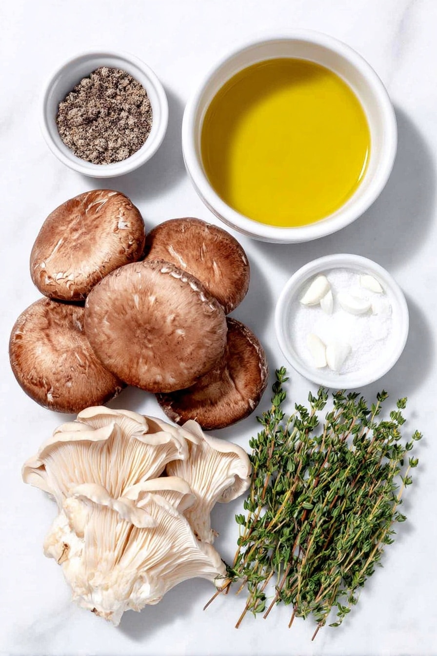 Flat lay of fresh whole chestnut mushrooms with smooth brown caps, fresh whole shiitake mushrooms showing their umbrella-shaped tan tops, fresh whole oyster mushrooms with gentle ruffled edges, a small white bowl filled with golden olive oil, a small white bowl with coarse black peppercorns, a small white bowl of fine white salt, three whole uncracked garlic cloves with papery skins, and five vibrant green sprigs of fresh thyme all arranged symmetrically in a balanced layout, placed on a clean white marble surface, soft natural light, photo taken with an iPhone, professional food photography style, fresh ingredients, white ceramic bowls, no bottles, no duplicates, no utensils, no packaging --ar 2:3 --v 7 --p m7354615311229779997 - Crispy Garlic Thyme Roasted Mushrooms, roasted mushroom side dish, garlic thyme mushroom recipe, crispy mushroom snack, easy baked mushroom recipe