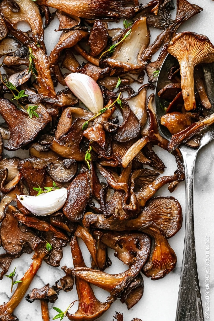 The image shows a flat layer of cooked mixed mushrooms spread out on a gray metal baking sheet, placed over a surface with a white marbled texture. The mushrooms vary in size and shape, with some sliced and others whole or halved, in shades of brown with a glossy, slightly oily look. Scattered among the mushrooms are thin slices of white garlic and small sprigs of green thyme, adding contrast and detail to the earthy tones. The mushrooms have a slightly crisp, browned texture on the edges, showing they were roasted or sautéed evenly. photo taken with an iphone --ar 2:3 --v 7 - Crispy Garlic Thyme Roasted Mushrooms, roasted mushroom side dish, garlic thyme mushroom recipe, crispy mushroom snack, easy baked mushroom recipe