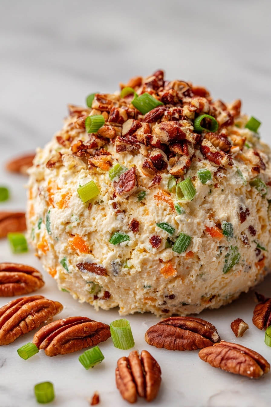 A close-up image shows a small round golden cracker being held between the thumb and fingers of a person's hand. On top of the cracker, there is a thick layer of creamy white cheese mixed with small pieces of green celery, orange carrot, and bits of nuts, giving the cheese a textured, chunky look. In the blurred background, more of the same cheese mixture is visible on a larger round block, along with several more golden crackers. The entire scene is set on a white marbled surface. photo taken with an iphone --ar 2:3 --v 7 - Cheese Ball with Pecans, cheese ball appetizer, party cheese ball, holiday cheese ball, creamy pecan cheese dip