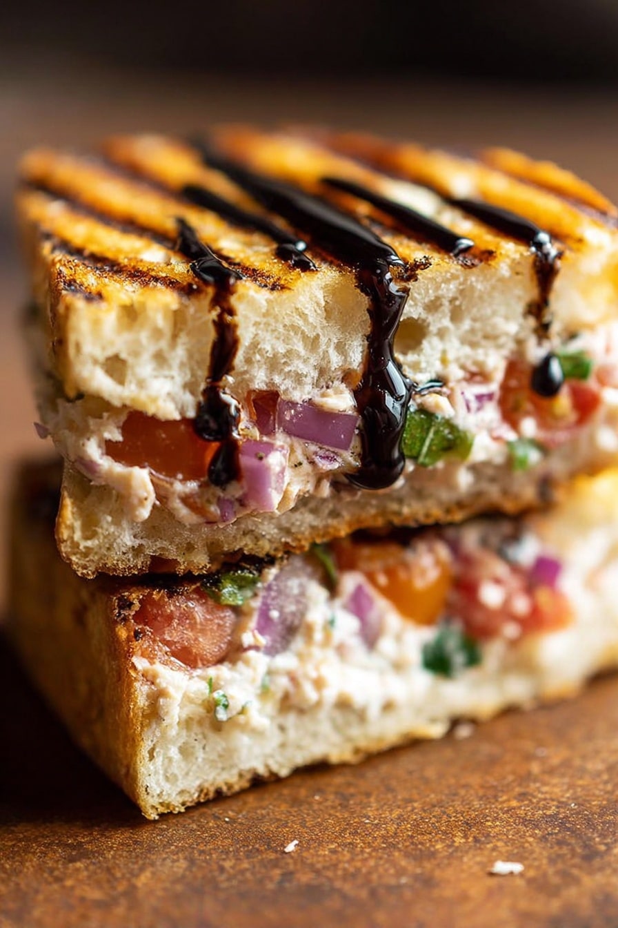 A close-up view of a small sandwich with three layers of bread and filling. The top and bottom layers are toasted bread with grill marks, showing a light golden-brown color and a soft, porous texture. Between the bread layers, the filling includes a mix of diced red onions, chopped tomatoes, and fresh green herbs, all mixed with a creamy white spread. On top of the sandwich, a thick dark balsamic sauce is drizzled in two lines. The sandwich is placed on a rustic brown surface. photo taken with an iphone --ar 2:3 --v 7 - Bruschetta Grilled Cheese Sandwiches, Italian-inspired grilled cheese, easy bruschetta sandwich recipe, crispy ciabatta grilled cheese, tomato basil grilled cheese