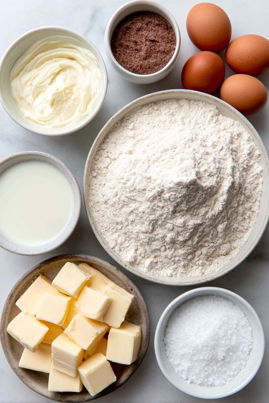 Flat lay of a small mound of fine white all-purpose flour, a small white bowl filled with warm water, a small white bowl containing light brown sugar crystals, two whole brown eggs with clean shells, a small white bowl of melted salted butter, a small white bowl of whole milk, a few grains of fine sea salt scattered neatly, several ½-inch cubes of vibrant orange sharp cheddar cheese, a small white bowl holding coarse sea salt crystals, a small white bowl filled with white baking soda powder, all arranged in perfect symmetry on a clean white ceramic surface, placed on a clean white marble surface, soft natural light, photo taken with an iPhone, professional food photography style, fresh ingredients, white ceramic bowls, no bottles, no duplicates, no utensils, no packaging --ar 2:3 --v 7 --p m7354615311229779997 - Cheddar Cheese Pretzel Bites, homemade pretzel bites with cheddar, cheesy pretzel snacks, soft pretzel bites recipe, savory cheese pretzels