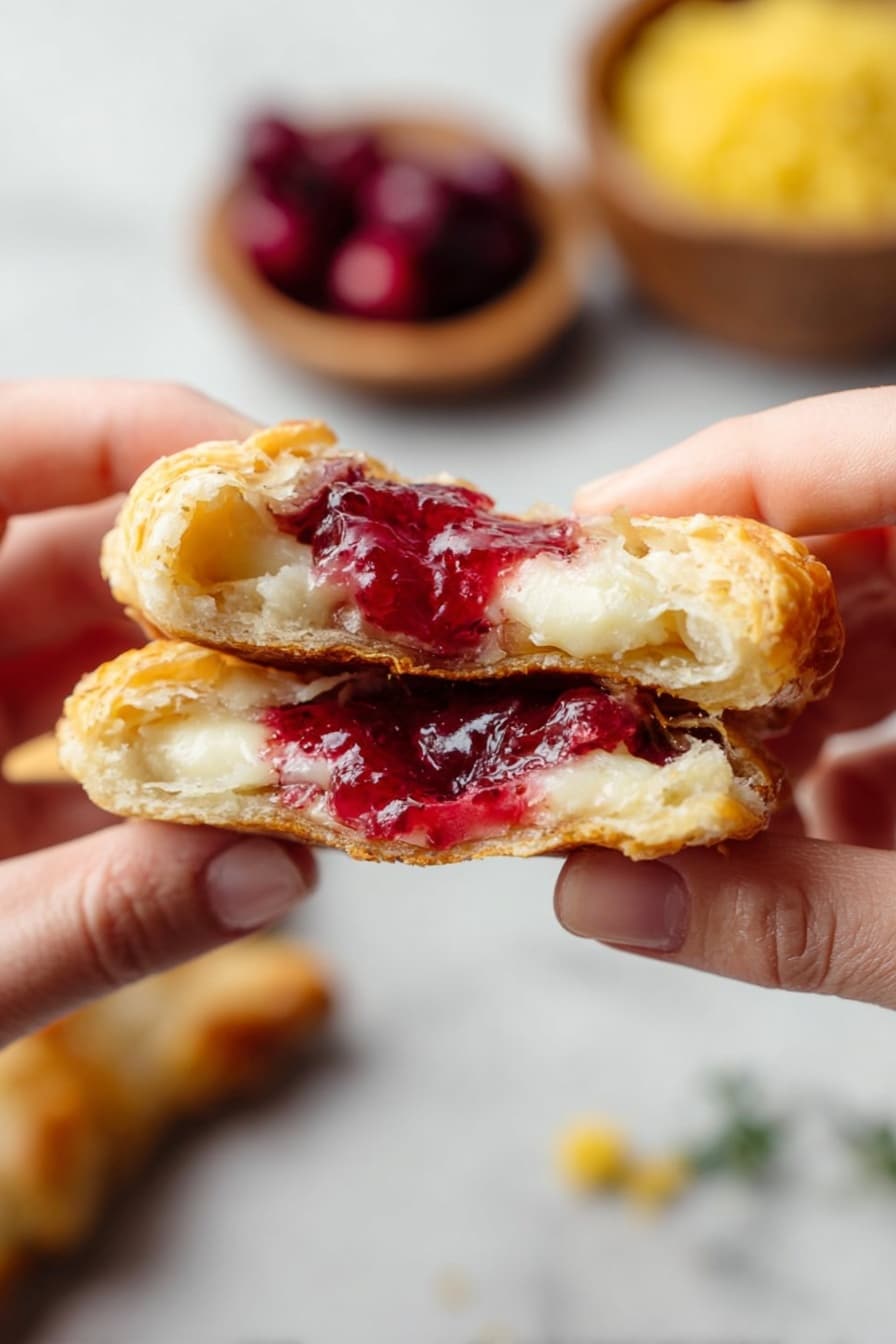 A close-up of a torn pastry held by two woman's hands, showing layers inside with a flaky, light golden crust on the outside, a middle layer of melted white cheese or cream, and a bright red, slightly shiny fruit filling that looks like jam. In the blurred background, there are two small wooden bowls on a white marbled surface, one with dark red berries and the other with a yellow crumbly topping. photo taken with an iphone --ar 2:3 --v 7 - Cranberry Brie Puff Pastry Bites, holiday appetizer ideas, easy puff pastry appetizers, festive finger foods, Brie and cranberry snack