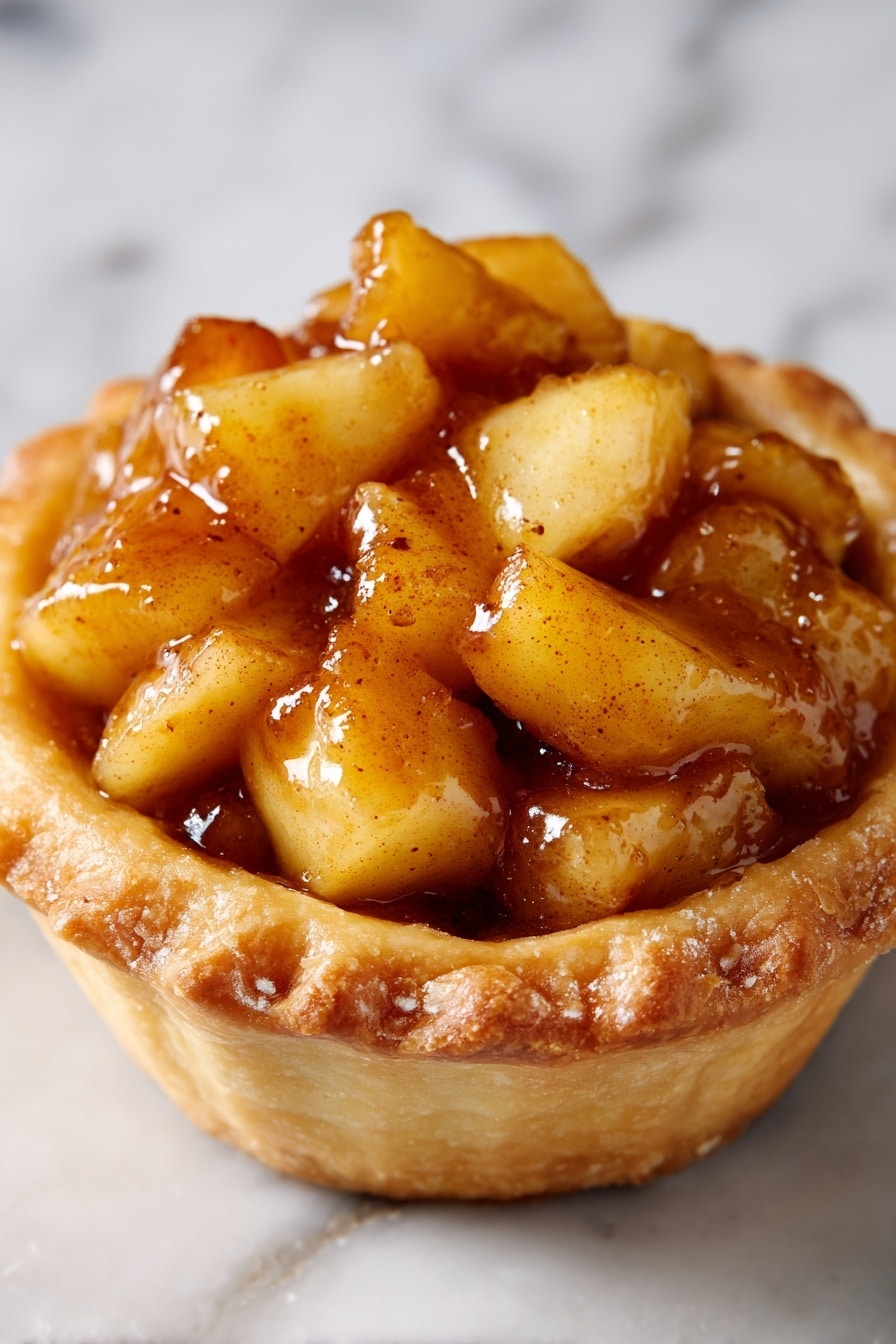 The image shows a close-up of a small pastry with a flaky golden brown crust surrounding a filling of chunky cooked apples. The apples are soft with a warm yellow color, coated in a shiny brown cinnamon-spiced glaze that makes them look juicy and sticky. The filling is packed tightly inside the pastry shell, which has visible layers of crisp dough at the edges. The background is a white marbled texture. Photo taken with an iphone --ar 2:3 --v 7 - Mini Apple Tarts with Flaky Crust, apple tart recipes, easy apple tart, homemade fruit tarts, flaky crust dessert