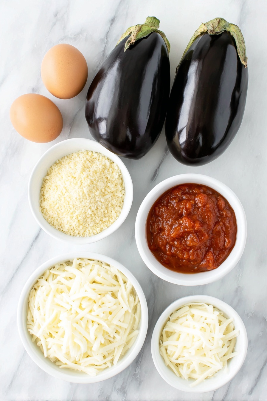 Flat lay of two medium-sized fresh eggplants sliced into thick rounds, two whole brown eggs with clean shells, a small white ceramic bowl filled with golden panko breadcrumbs, a small white ceramic bowl of finely grated parmesan cheese, a small white ceramic bowl with mixed Italian seasoning herbs, a small white ceramic bowl of bright red marinara sauce, a small white ceramic bowl heaped with shredded fresh mozzarella cheese, arranged symmetrically on a clean white marble surface, soft natural light, photo taken with an iPhone, professional food photography style, fresh ingredients, white ceramic bowls, no bottles, no duplicates, no utensils, no packaging --ar 2:3 --v 7 --p m7354615311229779997 - Crispy Eggplant Parmesan Bites, eggplant parmesan appetizer, vegetarian snack ideas, easy eggplant bites, crunchy eggplant appetizers