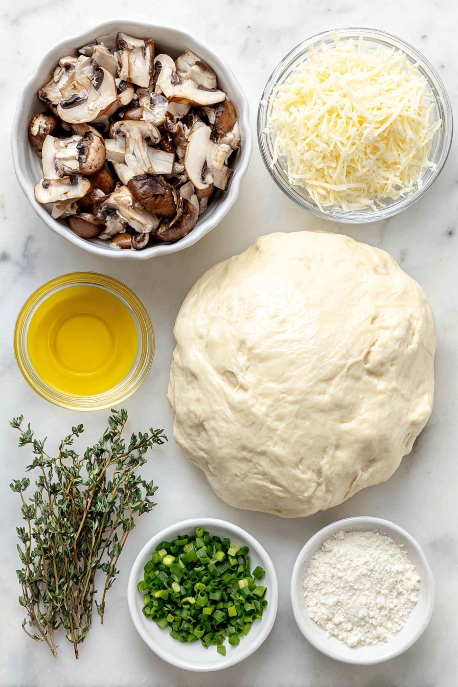 Flat lay of a ball of fresh, smooth pizza dough, a small white ceramic bowl filled with mixed sliced mushrooms including baby bella, button, shiitake, and oyster varieties, a few sprigs of fresh thyme and oregano, a small white bowl with golden olive oil, a small white bowl with fresh lemon juice, irregular crumbles of creamy white goat cheese, a small pile of shredded mozzarella cheese, a small mound of finely chopped vibrant green chives, a small white bowl with coarse kosher salt crystals, and a small white bowl with fine semolina flour, all arranged in perfect symmetry on a clean white marble surface, soft natural light, photo taken with an iPhone, professional food photography style, fresh ingredients, white ceramic bowls, no bottles, no duplicates, no utensils, no packaging --ar 2:3 --v 7 --p m7354615311229779997 - Mushroom Pizza with Fresh Herbs, Mushroom Pizza, Gourmet Mushroom Pizza, Easy Mushroom Pizza, Herb-Infused Mushroom Pizza