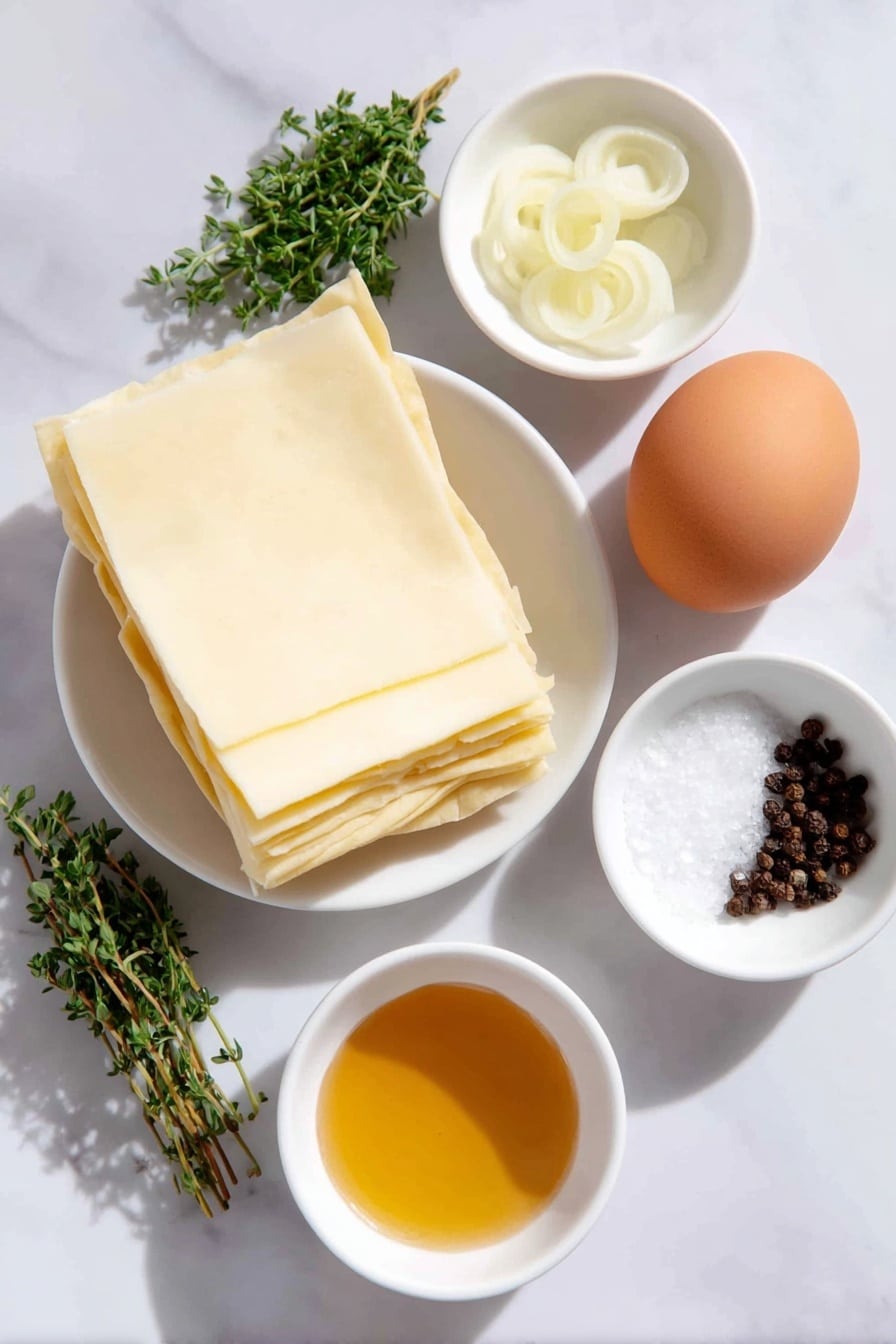 Flat lay of a sheet of thawed puff pastry, a small pile of thinly sliced yellow onion rings, thin slices of pale yellow gruyere cheese stacked neatly, a few bright green fresh thyme sprigs, one whole brown egg with a clean shell, small white bowls containing golden honey, fine grains of salt, and freshly cracked black peppercorns, all arranged symmetrically on simple white ceramic bowls and dishes, placed on a clean white marble surface, soft natural light, photo taken with an iPhone, professional food photography style, fresh ingredients, white ceramic bowls, no bottles, no duplicates, no utensils, no packaging --ar 2:3 --v 7 --p m7354615311229779997 - Upside-Down Onion Gruyere Tarts, savory onion tart, easy puff pastry tart, caramelized onion tart, cheese and herb tart