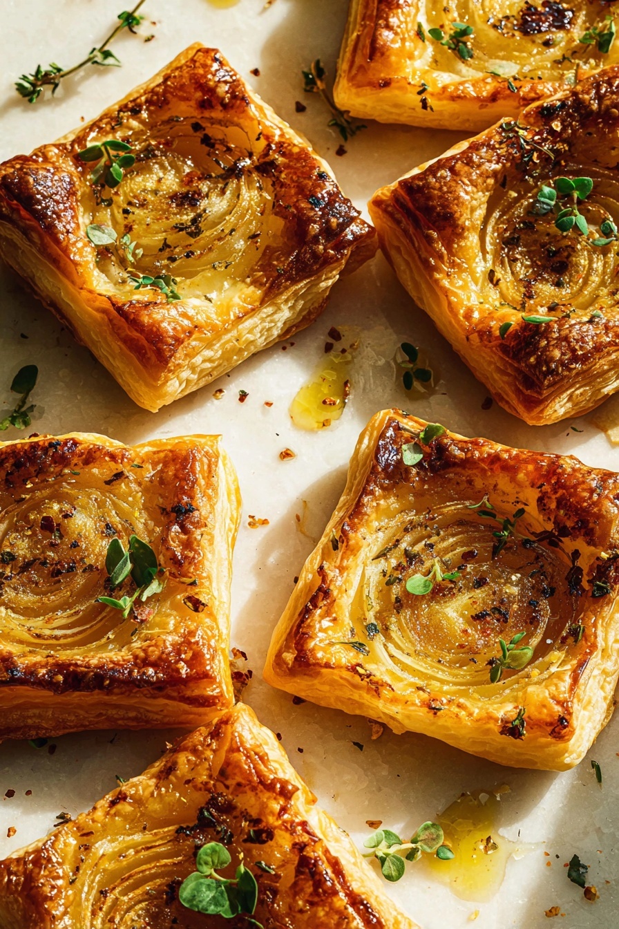 The image shows six square puff pastries, each with a golden brown, crispy, flaky crust. In the center of each pastry is a softened, slightly translucent onion slice with visible layers. The pastries are topped with small, fresh green herb leaves scattered evenly. Around the pastries, drops of golden oil and small spice flakes add shine and texture, resting on a white marbled texture. The lighting creates warm shadows and a cozy atmosphere. Photo taken with an iphone --ar 2:3 --v 7 - Upside-Down Onion Gruyere Tarts, savory onion tart, easy puff pastry tart, caramelized onion tart, cheese and herb tart