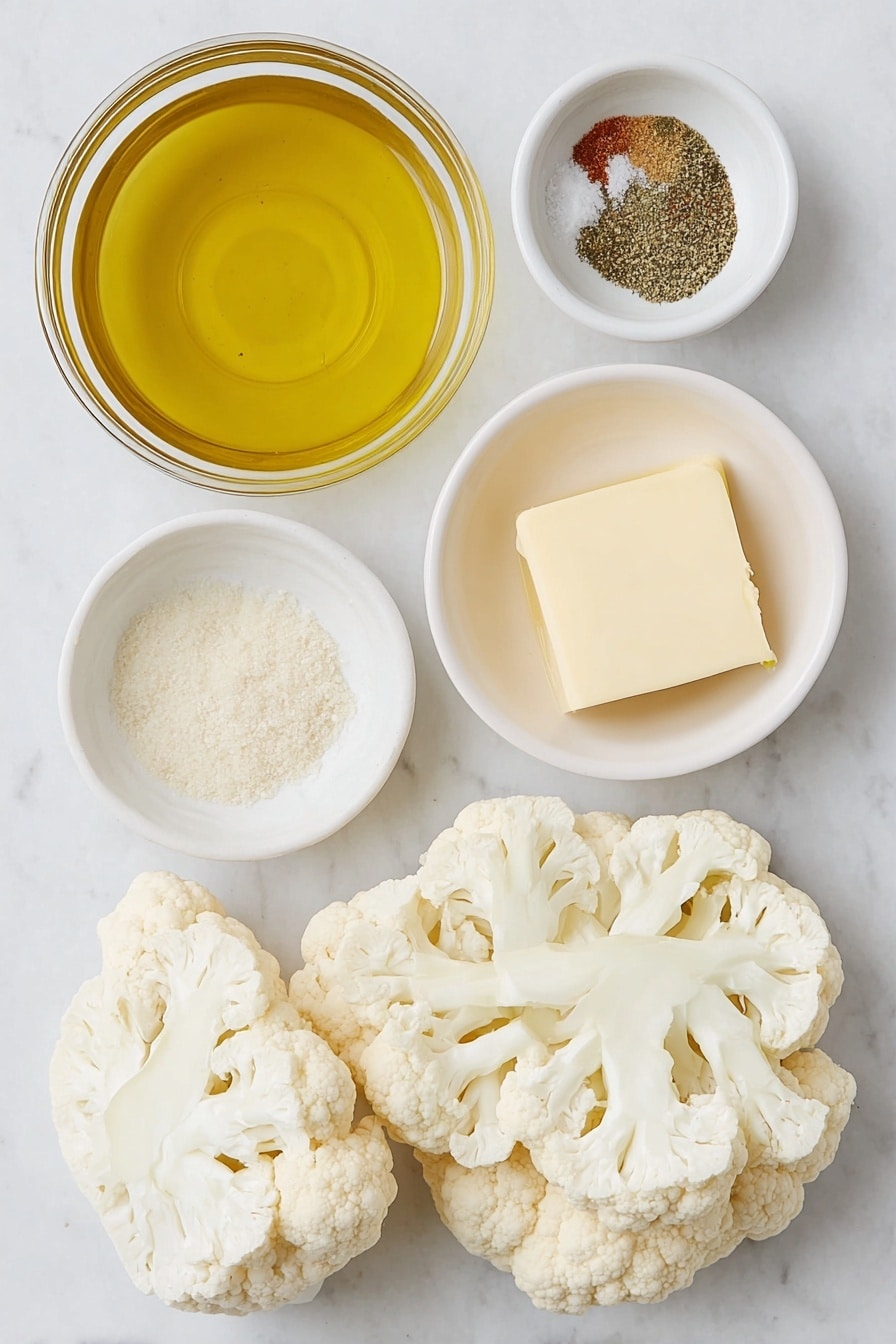 Flat lay of a medium cauliflower head broken into small florets and 1/2-inch thick steaks, a small white ceramic bowl of golden olive oil, a small white ceramic bowl with melted unsalted butter, a small white ceramic bowl with a mix of garlic powder, salt, ground paprika, and ground black pepper, all arranged in perfect symmetry, placed on a clean white marble surface, soft natural light, photo taken with an iPhone, professional food photography style, fresh ingredients, white ceramic bowls, no bottles, no duplicates, no utensils, no packaging --ar 2:3 --v 7 --p m7354615311229779997 - Oven-Roasted Cauliflower, roasted cauliflower side dish, crispy cauliflower, garlic cauliflower recipe, healthy vegetable sides