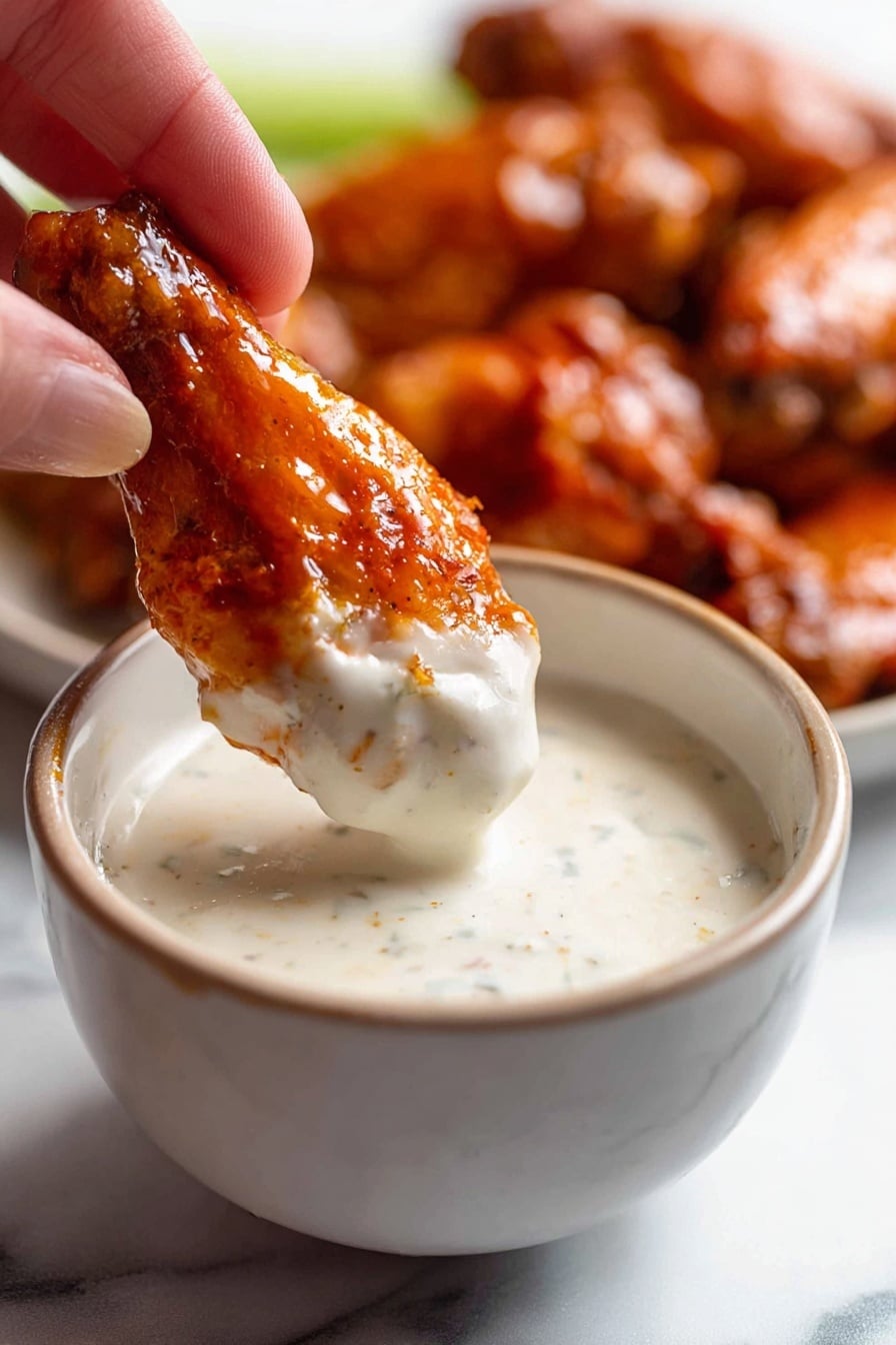 A close-up image showing a woman's hand holding a shiny reddish-brown chicken wing dipped halfway into a creamy white sauce with small lumps, in a white bowl with a smooth rim. The chicken wings in the blurred background have the same shiny reddish-brown color. The surface beneath the bowl and wings is a white marbled texture. The photo taken with an iphone --ar 2:3 --v 7 - Crispy Oven Baked Buffalo Wings, crispy buffalo wings, baked chicken wings, healthy buffalo wing recipe, easy buffalo wings