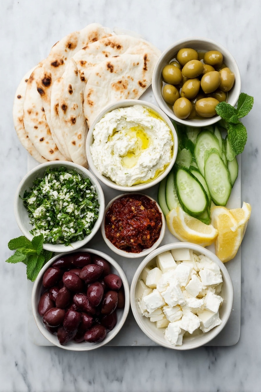 Flat lay of whipped feta in a small white bowl, muhammara in a small white bowl, tabbouleh in a small white bowl, wedges of pita bread stacked neatly, a cluster of shiny cherry tomatoes on the vine, thinly sliced Persian cucumbers arranged in a fan, halved or quartered radishes showing bright white and red interiors, halved artichoke hearts with tender leaves, a small white bowl filled with green olives, another small white bowl with kalamata olives, small cubes of white feta cheese arranged neatly, lemon wedges with vibrant yellow rinds, sprigs of fresh mint and fresh parsley placed delicately, all ingredients displayed with perfect symmetry and realistic proportions, placed on a clean white marble surface, soft natural light, photo taken with an iPhone, professional food photography style, fresh ingredients, white ceramic bowls, no bottles, no duplicates, no utensils, no packaging --ar 2:3 --v 7 --p m7354615311229779997 - Middle Eastern Mezze Platter with Dips, Mediterranean appetizer platter, Middle Eastern dips and spreads, how to make a mezze platter, colorful Mediterranean party food