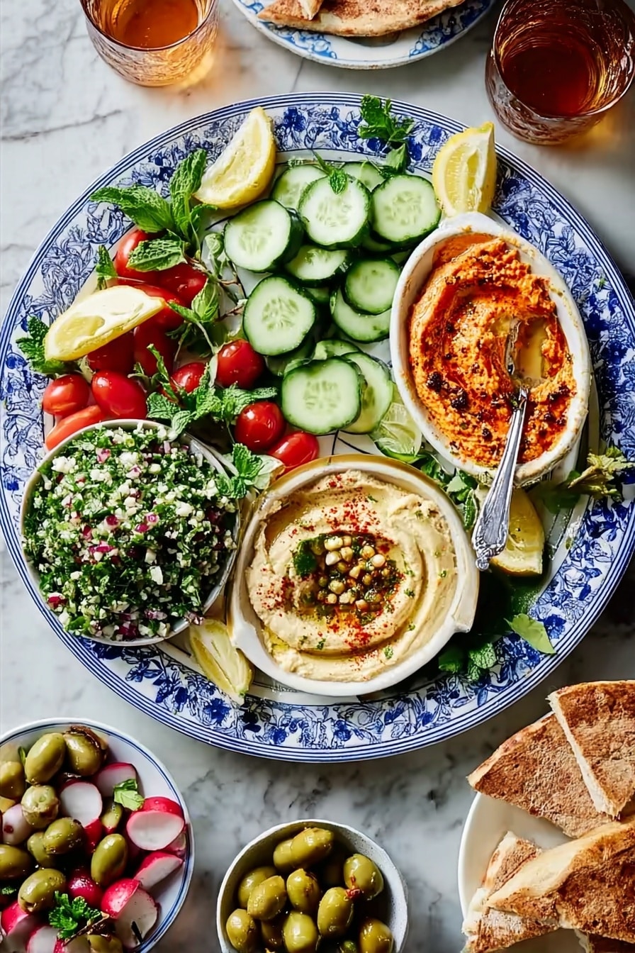 A large round white plate with a blue floral pattern holds an assortment of fresh and colorful Middle Eastern foods arranged neatly. At the top center, there are thick slices of bright green cucumbers and small bright red cherry tomatoes, with wedges of pale yellow lemon and artichoke hearts placed nearby. On the left side of the plate, a white bowl contains a green tabbouleh salad mixed with chopped red tomatoes, white grains, and green herbs, with a silver spoon resting inside. Next to it, a larger white bowl has a creamy light beige hummus spread cured with olive oil and sprinkled with red spices and green herbs. On the right side of the main plate, an oval white bowl holds a reddish-orange dip, garnished with chopped nuts and green leaves. Around the plate are scattered fresh parsley sprigs and radish halves. Below the main plate, a smaller white bowl filled with green and purple olives sits on the white marbled surface. To the right, torn pieces of golden brown pita bread rest on a white plate. The whole scene is set on a white marbled surface with two glasses of tea visible. photo taken with an iphone --ar 2:3 --v 7 - Middle Eastern Mezze Platter with Dips, Mediterranean appetizer platter, Middle Eastern dips and spreads, how to make a mezze platter, colorful Mediterranean party food