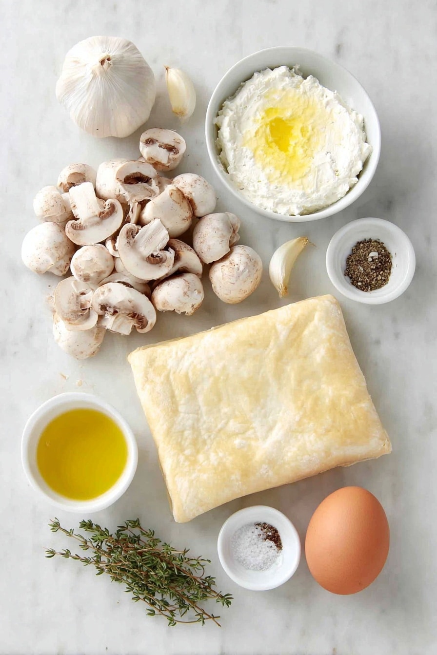 Flat lay of a rectangular sheet of puff pastry dough with clean straight edges, a small log of creamy white goat cheese, a small white ceramic bowl of golden olive oil, a peeled clove of garlic, a few sprigs of fresh thyme, a small white ceramic bowl with a pat of soft yellow butter, a generous pile of sliced white button mushrooms, a neatly sliced shallot, a small white ceramic bowl with coarse salt, a small white ceramic bowl with ground black pepper, one whole uncracked brown egg placed beside a small white ceramic bowl containing a lightly beaten egg wash, all arranged in perfect symmetry on a clean white marble surface, soft natural light, photo taken with an iPhone, professional food photography style, fresh ingredients, white ceramic bowls, no bottles, no duplicates, no utensils, no packaging --ar 2:3 --v 7 --p m7354615311229779997 - Mushroom and Goat Cheese Tart, mushroom tart recipes, savory goat cheese tart, flaky puff pastry tart, easy mushroom tart