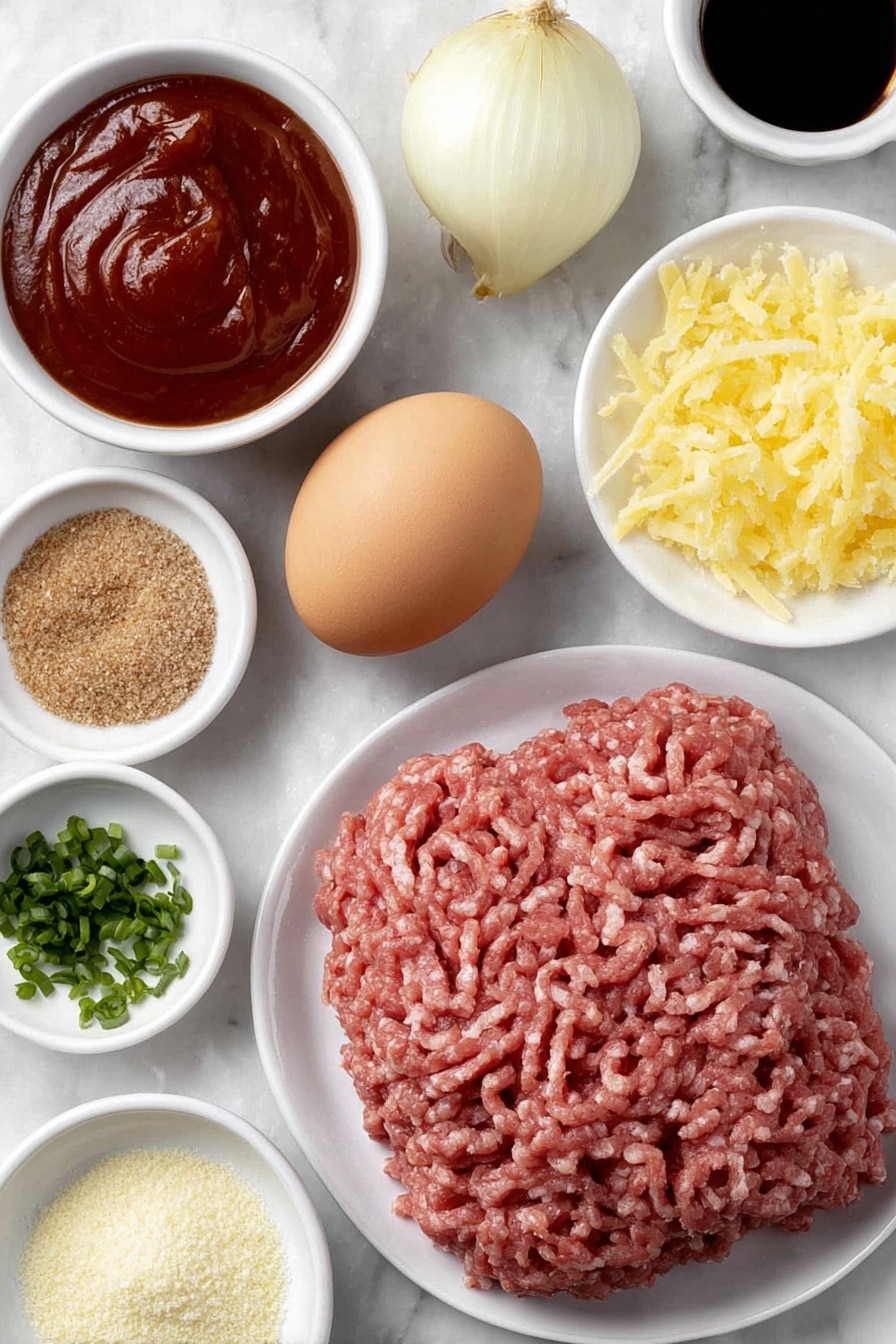 Flat lay of a small white ceramic bowl of panko breadcrumbs, a halved fresh yellow onion with one half finely grated, a small mound of fresh raw ground beef, a similar mound of raw ground pork, one whole brown egg with a clean shell, a single peeled garlic clove, a small white ceramic bowl of thick tomato ketchup, a small white ceramic bowl of apple cider vinegar, a small white ceramic bowl of dark soy sauce, a small white ceramic bowl of brown sugar, a small white ceramic bowl of clear water, a small white ceramic bowl of Worcestershire sauce, a few fresh green chives finely chopped on a white ceramic plate, a pinch of black pepper and some coarse salt scattered naturally on the surface, placed on a clean white marble surface, soft natural light, photo taken with an iPhone, professional food photography style, fresh ingredients, white ceramic bowls, no bottles, no duplicates, no utensils, no packaging --ar 2:3 --v 7 --p m7354615311229779997 - Sweet and Sour Cocktail Meatballs, easy party appetizer, homemade sweet and sour sauce, tasty meatball recipes, finger food for gatherings