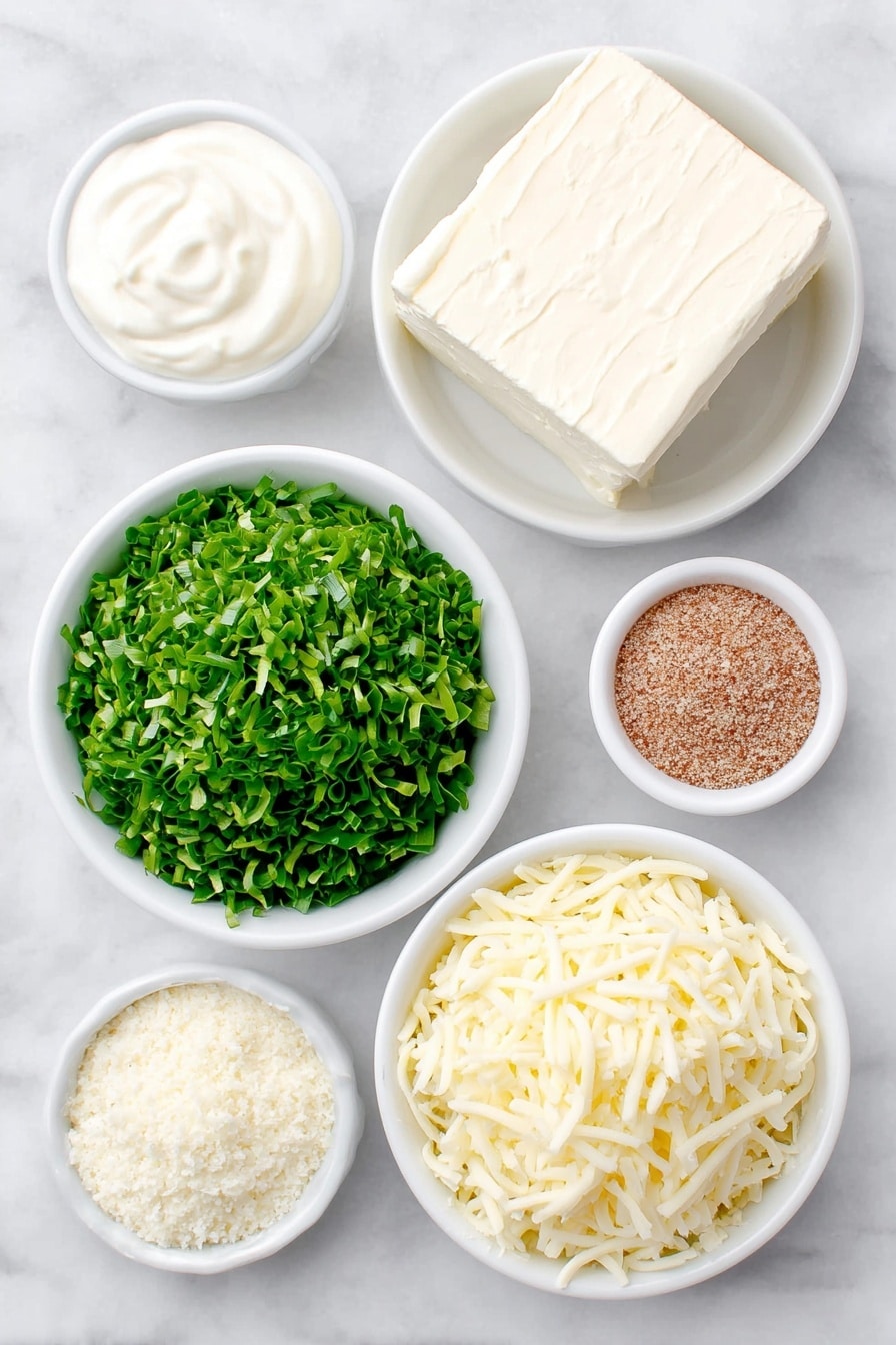 Flat lay of a small block of soft cream cheese, a small white ceramic bowl filled with sour cream, a small mound of fresh bright green chopped spinach leaves, a small white ceramic bowl containing dry vegetable soup mix powder, a small pile of shredded mozzarella cheese, a small white ceramic bowl with grated parmesan cheese, all arranged with perfect symmetry on a clean white marble surface, soft natural light, photo taken with an iPhone, professional food photography style, fresh ingredients, white ceramic bowls, no bottles, no duplicates, no utensils, no packaging --ar 2:3 --v 7 --p m7354615311229779997 - Cheesy Spinach Dip, Spinach Cheese Dip, Easy spinach dip, Baked spinach appetizer, Crowd-pleasing spinach dip
