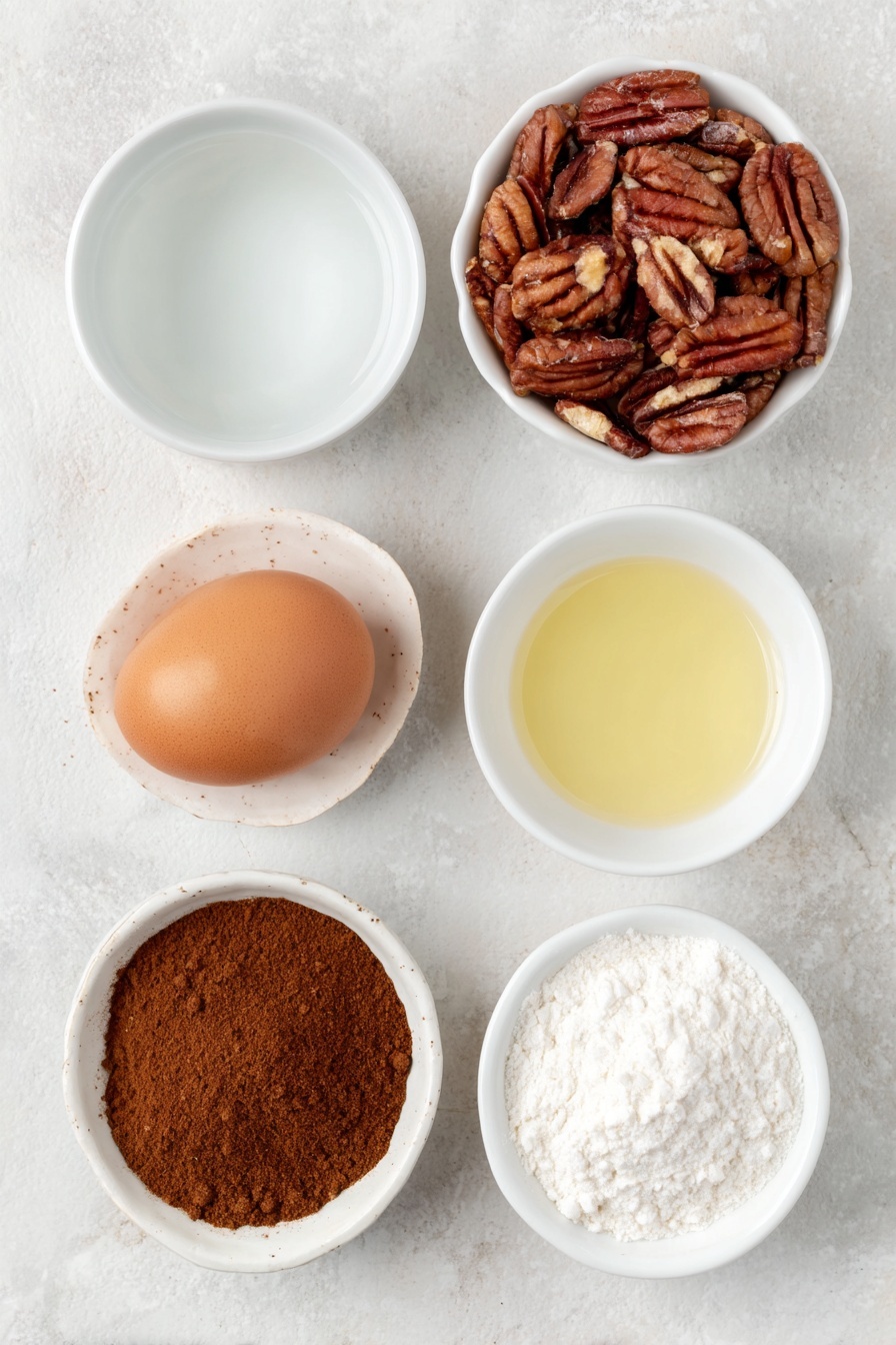 Flat lay of a small pile of fresh pecan halves, one large whole uncracked brown egg, a small white ceramic bowl of clear water, a small white ceramic bowl of granulated white sugar, a small white ceramic bowl of warm brown ground cinnamon, a small white ceramic bowl of fine white salt, and a small white ceramic bowl of pale vanilla extract placed on a clean white marble surface, soft natural light, photo taken with an iPhone, professional food photography style, fresh ingredients, white ceramic bowls, no bottles, no duplicates, no utensils, no packaging --ar 2:3 --v 7 --p m7354615311229779997 - Cinnamon Candied Pecans, candied pecans recipe, easy pecan snack, sweet spicy nuts, holiday pecans