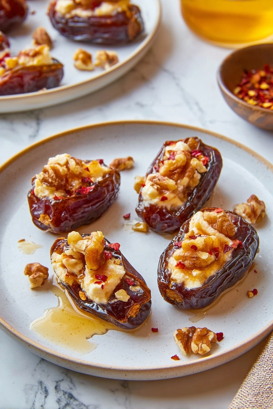 A white plate holds four stuffed dates arranged loosely in the center, each date a dark brown color with a wrinkled texture. Each date is filled with a creamy white cheese layer inside, topped with chunky pieces of light brown walnuts and small red pepper flakes. There are drizzles of golden honey around the dates and small walnut pieces scattered on the plate. In the background, there is a glimpse of another white plate with more stuffed dates and a small bowl with crushed red pepper flakes, all on a white marbled surface. photo taken with an iphone --ar 2:3 --v 7 - Stuffed Dates with Goat Cheese and Walnuts, stuffed date appetizer, easy date snacks, elegant party appetizers, healthy sweet and savory bites