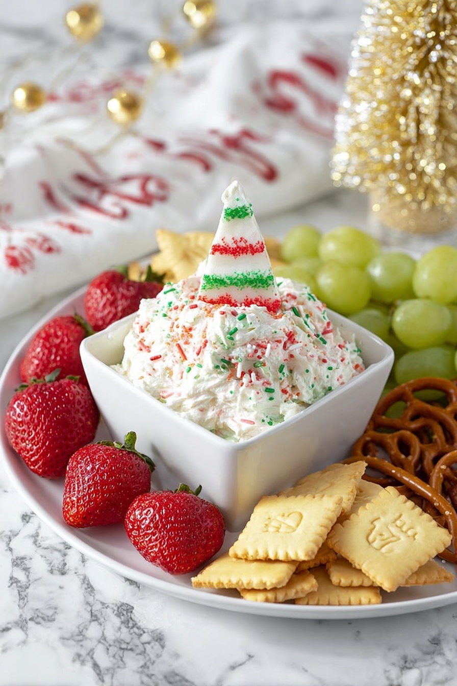 A white round plate holds a white square bowl filled with a thick white whipped dip sprinkled with red and green sugar. On top of the dip is a white candy shaped like a cone with red stripes and green sprinkles. Around the bowl are three groups of snacks: light-green grapes on the right, fresh red strawberries with green tops on the left, and light beige rectangular crackers with festive shapes and slightly toasted edges in the front. A few pretzels peek out behind the grapes. Everything is placed on a white marbled surface. photo taken with an iphone --ar 2:3 --v 7 - Christmas Tree Cake Dip, festive holiday dip, easy Christmas dessert, no-bake holiday treat, Christmas snack idea