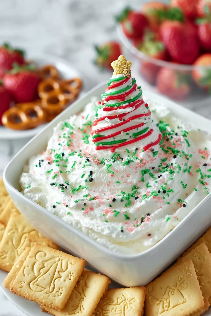 A white square bowl filled with one thick layer of fluffy white whipped cream sprinkled with green and red sugar sprinkles all over. In the center, a triangular piece of white cream frosting shaped like a Christmas tree stands upright, decorated with red stripes and more green and black sprinkles. Around the bowl, there is a layer of light golden square cookies with embossed Christmas designs like a bell, a floral shape, and a candy cane. In the background, some fresh strawberries and pretzels are slightly blurred, all placed on a white marbled surface. Photo taken with an iphone --ar 2:3 --v 7 - Christmas Tree Cake Dip, festive holiday dip, easy Christmas dessert, no-bake holiday treat, Christmas snack idea