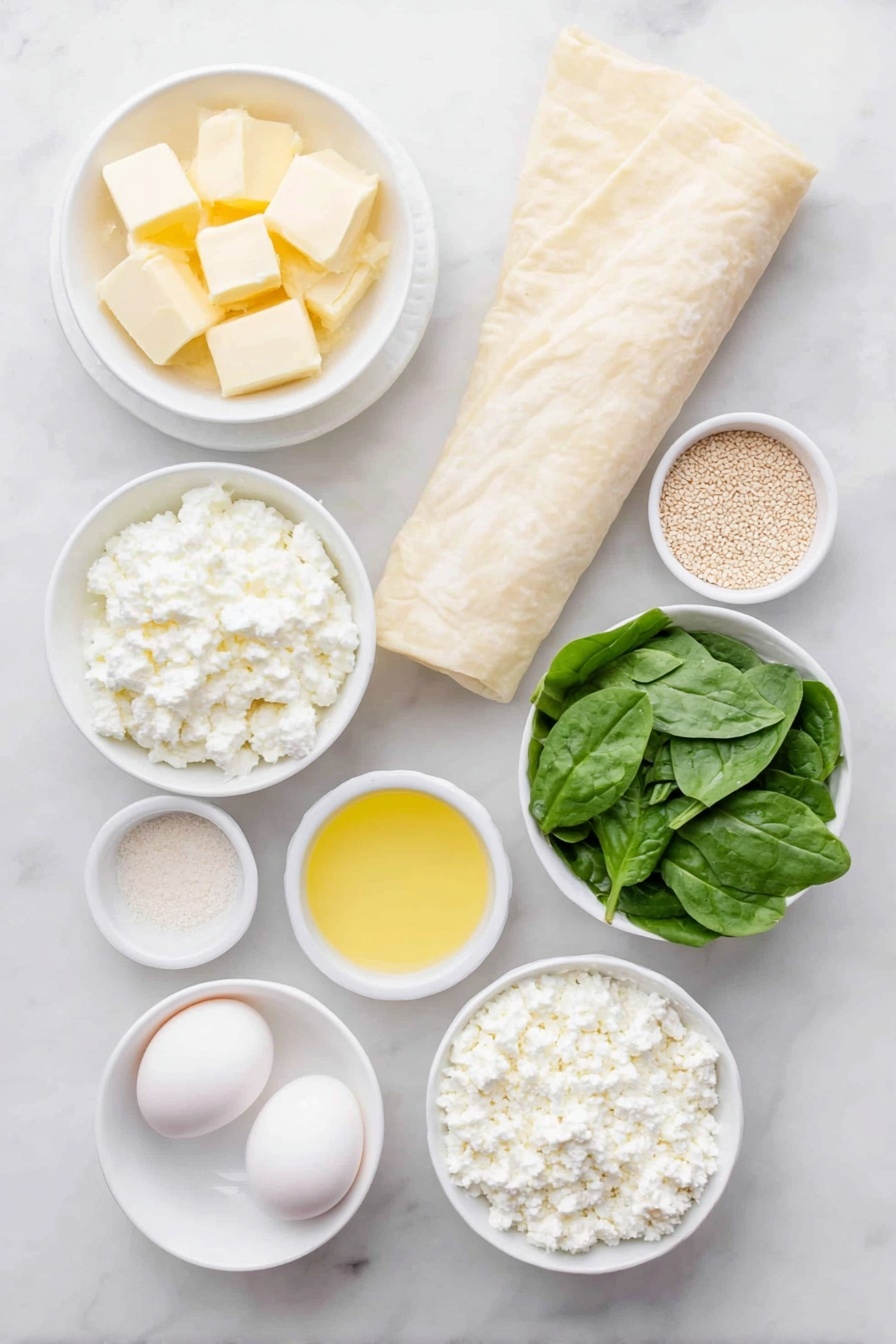 Flat lay of a small white ceramic bowl of salted butter chunks, a few large diced onions, a handful of fresh vibrant spinach leaves, a clean roll of phyllo dough with visible thin sheets, a small white bowl filled with crumbled feta cheese, another small white bowl with smooth ricotta cheese, one whole uncracked egg with a clean shell, a small white bowl holding freshly squeezed lemon juice, a few sprigs of freshly chopped dill, a small white bowl containing garlic powder, a small white bowl of salt, and a small white bowl with sesame seeds. All ingredients arranged with perfect symmetry on a clean white marble surface, soft natural light, photo taken with an iPhone, professional food photography style, fresh ingredients, white ceramic bowls, no bottles, no duplicates, no utensils, no packaging --ar 2:3 --v 7 --p m7354615311229779997 - Easy Spinach and Feta Phyllo Triangles, spinach and feta appetizer, flaky phyllo triangles, quick spinach dips, cheesy Greek-inspired snacks
