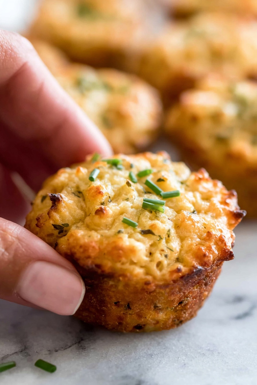 A close-up of a small, round, golden-brown muffin with a textured surface showing bits of herbs and cheese, topped with green chive pieces. The muffin is slightly crispy on the edges and has a soft, moist interior visible from its uneven top. A woman's hand is gently holding the muffin from the side. Several similar muffins are blurred in the background on a white marbled surface. photo taken with an iphone --ar 2:3 --v 7 - Easy Crab Cake Bites, crab cake appetizer, party finger foods, bite-sized seafood appetizers, quick seafood recipes