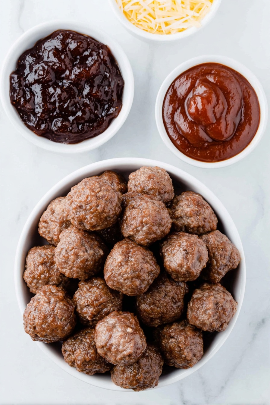 Flat lay of a small white ceramic bowl filled with deep purple grape jelly, a small white ceramic bowl containing thick reddish-brown BBQ sauce, a neat pile of frozen fully cooked meatballs with a natural browned exterior arranged directly on the surface, all ingredients placed in perfect symmetry on a clean white marble surface, soft natural light, photo taken with an iPhone, professional food photography style, fresh ingredients, white ceramic bowls, no bottles, no duplicates, no utensils, no packaging --ar 2:3 --v 7 --p m7354615311229779997 - Crockpot BBQ Meatballs, easy slow cooker meatballs, homemade BBQ meatballs, quick appetizer recipes, simple meatball dish