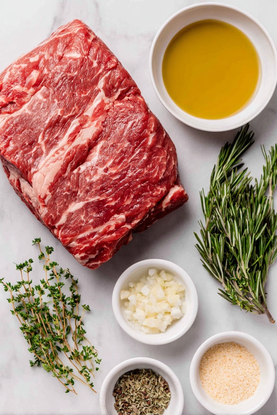 Flat lay of a raw 3 to 4 pound top round beef roast with a rich red color and marbled fat, a small white ceramic bowl filled with golden extra virgin olive oil, a small cluster of fresh thyme sprigs with green leaves, a few fresh rosemary sprigs with needle-like foliage, a small white bowl containing minced fresh garlic cloves, a small white bowl holding coarse kosher salt crystals, a small white bowl filled with cracked black peppercorns, a small white bowl with dried oregano leaves, a small white bowl with pale yellow dry mustard powder, all arranged symmetrically and balanced on a clean white marble surface, soft natural light, photo taken with an iPhone, professional food photography style, fresh ingredients, white ceramic bowls, no bottles, no duplicates, no utensils, no packaging --ar 2:3 --v 7 --p m7354615311229779997 - Easy Roast Beef Top Round, tender roast beef recipe, simple beef roast, beginner-friendly roast beef, juicy top round roast