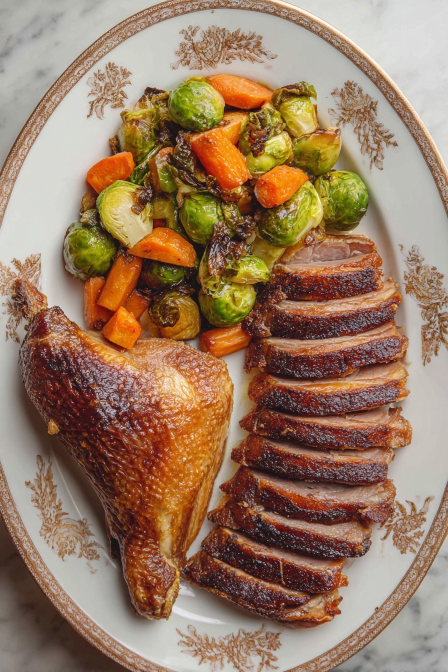 A white oval plate with gold floral patterns holds a roasted meal arranged in three sections: on the left side, there is a mix of bright green Brussels sprouts with charred, dark brown edges and orange carrot chunks that are slightly browned on a side; on the right side, there are six slices of dark brown roasted meat with a crispy, textured skin, laid out in a neat row; on the bottom left, there is a large roasted drumstick and thigh piece with a golden brown, crispy skin. The plate is placed on a white marbled surface. photo taken with an iphone --ar 2:3 --v 7 - Roast Christmas Goose with Delicious Gravy, Christmas goose recipe, holiday roast goose, festive goose with gravy, crispy roast goose