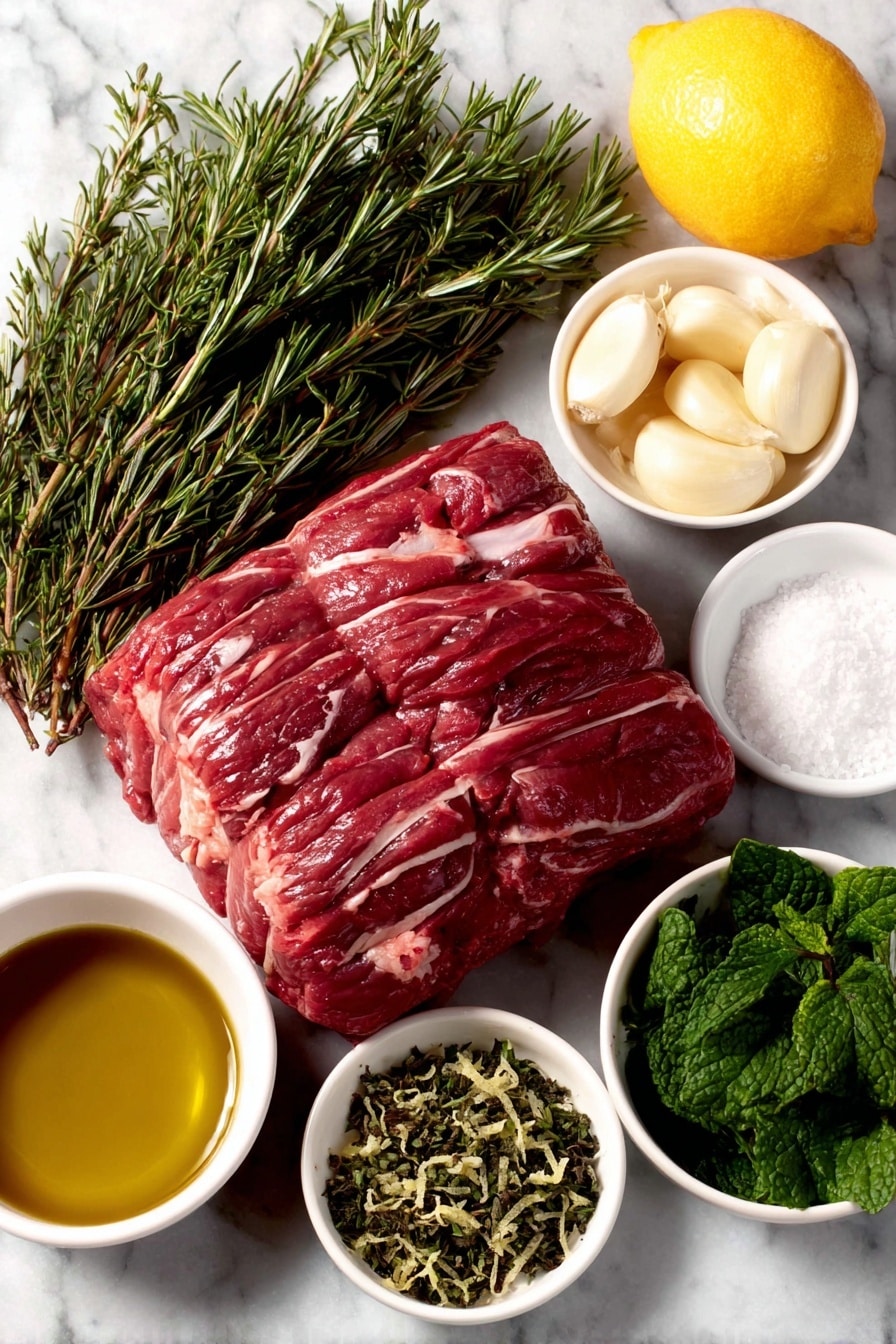 Flat lay of a raw leg of lamb with a smooth, deep red color and visible fat layer, three peeled and crushed garlic cloves, a small bunch of fresh rosemary with bright green leaves, a whole lemon with vibrant yellow skin next to a small pile of lemon zest, a small white ceramic bowl filled with golden olive oil, a handful of fresh mint leaves vivid green and lush, a tiny white bowl containing honey with a rich amber hue, a small white bowl of coarse salt crystals, a small white bowl with clear hot water, and a small white bowl holding pale white wine vinegar placed on a clean white marble surface, soft natural light, photo taken with an iPhone, professional food photography style, fresh ingredients, white ceramic bowls, no bottles, no duplicates, no utensils, no packaging --ar 2:3 --v 7 --p m7354615311229779997 - Roast Leg of Lamb with Mint Sauce, leg of lamb recipe, roasted lamb with mint sauce, Sunday roast lamb, easy lamb dinner