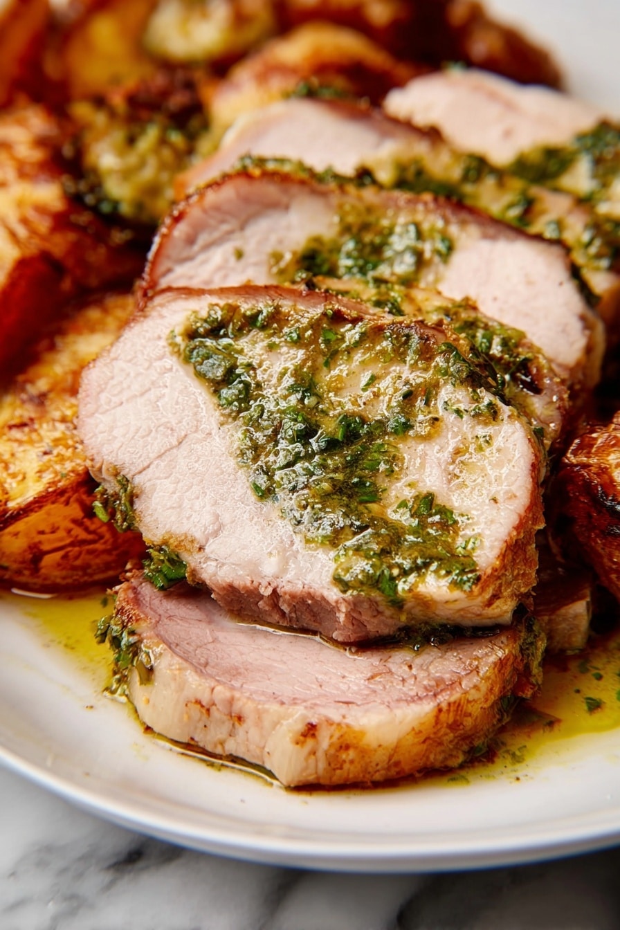 The image shows several thick slices of cooked meat with a light pink center and a light brown outer edge, arranged overlapping on a white plate. The top slice is covered with a glossy green herb sauce that has a slightly oily texture. Underneath and around the meat are golden-brown roasted pieces with a slightly crispy texture. The entire dish sits on a white marbled surface. photo taken with an iphone --ar 2:3 --v 7 - Roast Leg of Lamb with Mint Sauce, leg of lamb recipe, roasted lamb with mint sauce, Sunday roast lamb, easy lamb dinner