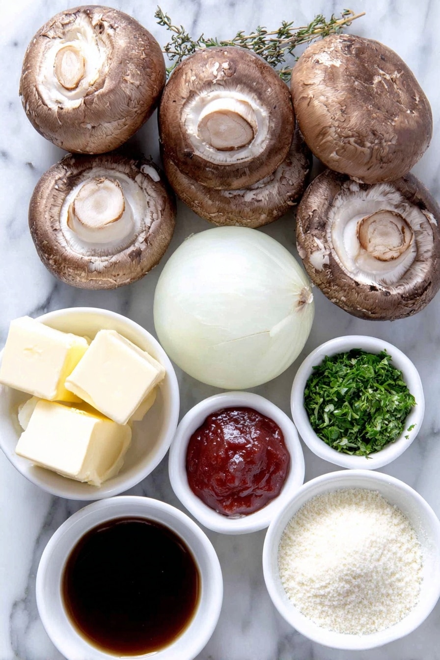 Flat lay of fresh sliced brown mushrooms, a large peeled onion thinly sliced, a small white bowl of creamy double cream, a small white bowl of rich beef stock, two cubes of butter with smooth surfaces, a small white bowl of bright red tomato puree, a small white bowl of dark balsamic vinegar, a small white bowl of finely chopped fresh parsley, a small white bowl holding pale yellow cornflour powder next to a small white bowl of clear water, a small white bowl of dried thyme, coarse sea salt crystals and freshly ground black peppercorns scattered neatly, all arranged with perfect symmetry on a clean white marble surface, soft natural light, photo taken with an iPhone, professional food photography style, fresh ingredients, white ceramic bowls, no bottles, no duplicates, no utensils, no packaging --ar 2:3 --v 7 --p m7354615311229779997 - Creamy Mushroom Hunter's Sauce, mushroom sauce recipe, creamy mushroom sauce, mushroom sauce for steak, flavorful mushroom sauce