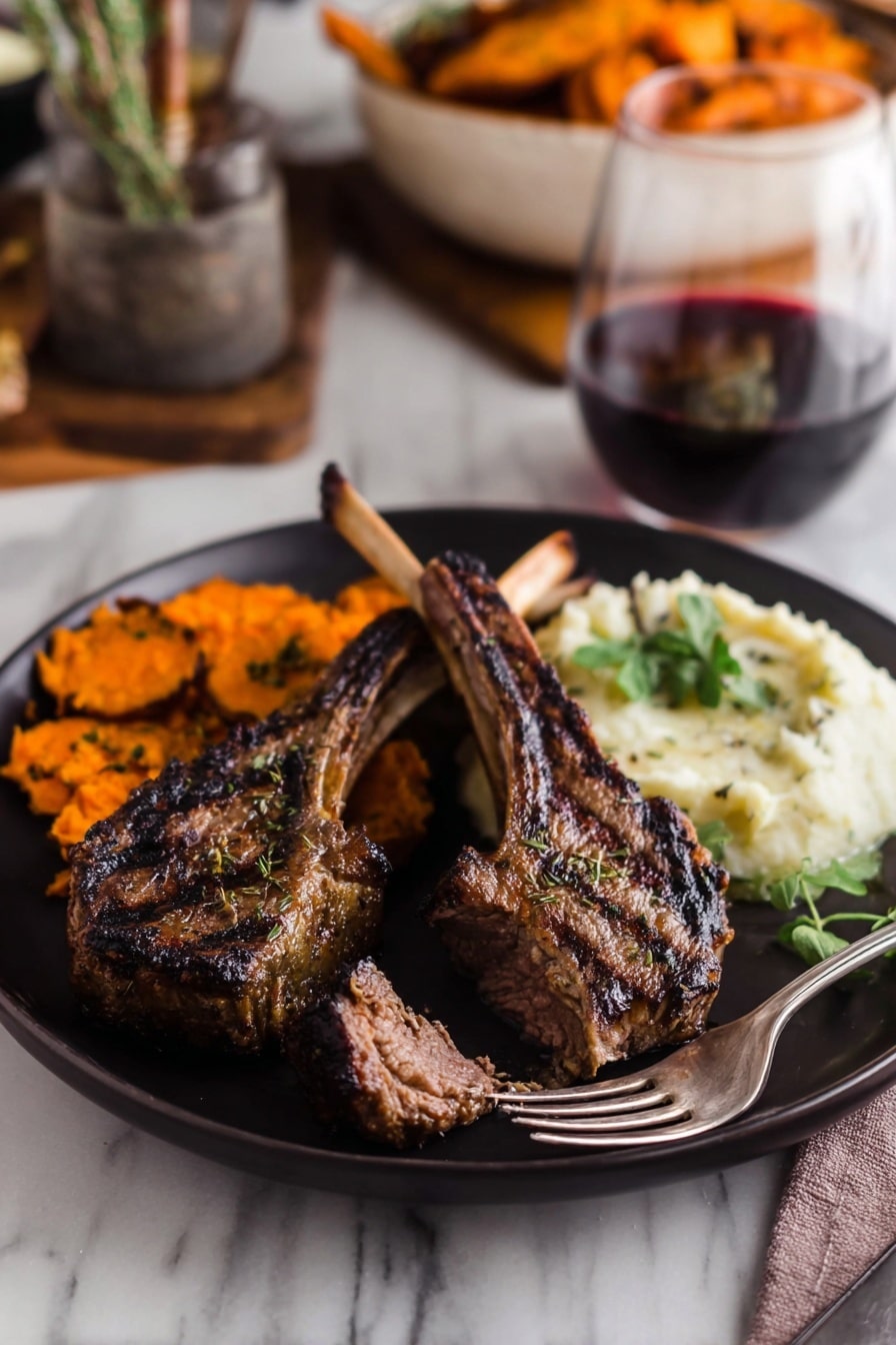 The image shows a dark round plate with three grilled lamb chops at the front, two standing with char marks and a small piece broken off on a silver fork in front. Behind the chops, there is a pile of orange roasted sweet potato slices on the left and a creamy white mash on the right. A small green garnish is on the mash with a sprig of fresh green herbs beside it on the right. In the blurred background, there is a clear glass of dark red drink and a white bowl filled with more sweet potatoes and lamb. The scene is set on a white marbled surface. photo taken with an iphone --ar 2:3 --v 7 - Broiled Lamb Chops with Marinade, Lamb Chop Marinade Recipe, Quick Lamb Chops, Juicy Lamb Chops, Elegant Lamb Dinner