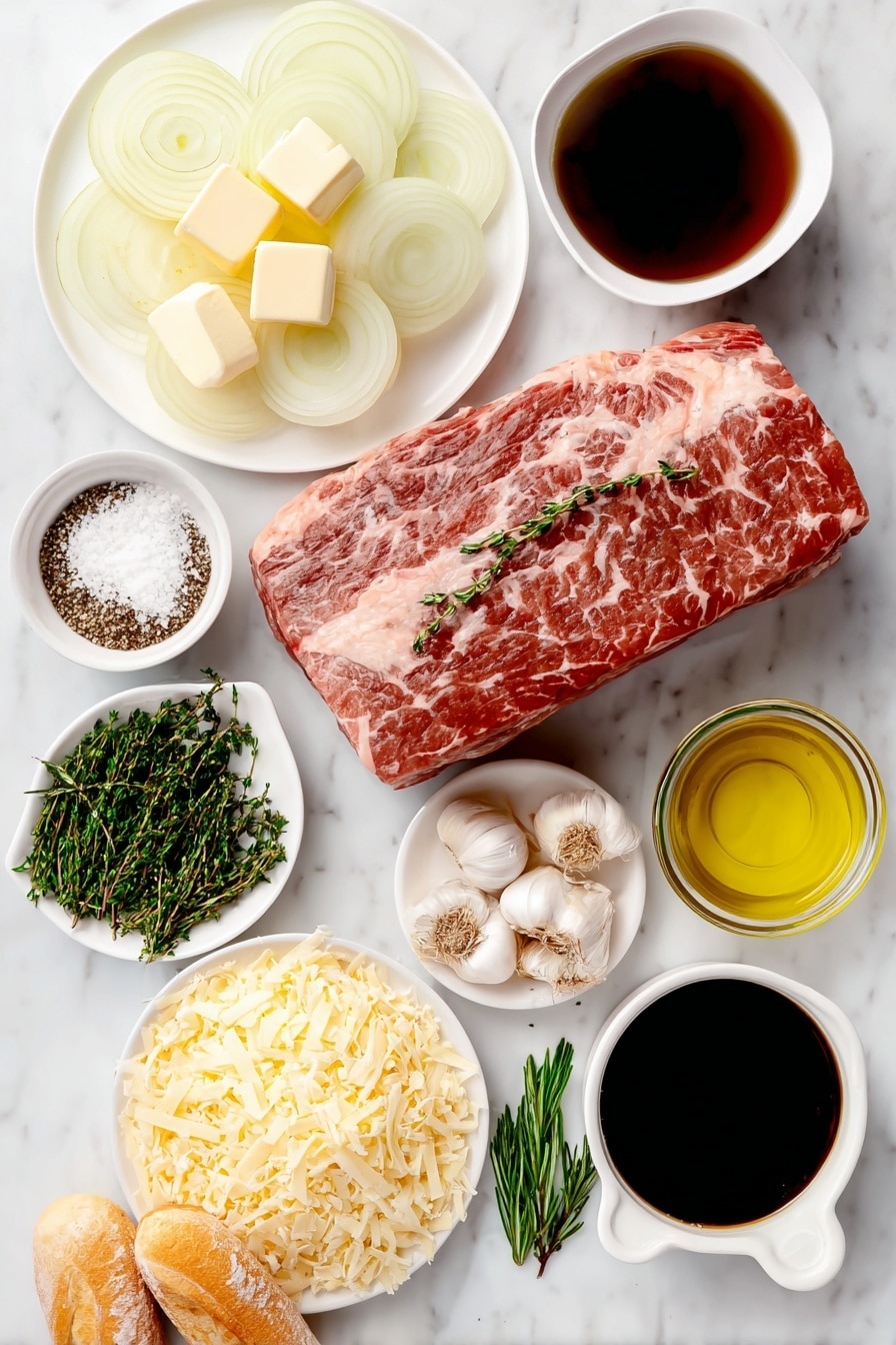 Flat lay of a whole boneless chuck roast with trimmed fat, a few pinches of kosher salt and cracks of black pepper sprinkled beside it, a small drizzle of golden olive oil in a white ceramic bowl, a few tablespoons of unsalted butter cubes on a white plate, four large yellow onions thinly sliced fanned out on a white dish, six whole fresh garlic cloves unpeeled, a small white bowl filled with pale dry white wine, a small white bowl holding fine all-purpose flour, a white ceramic bowl filled with rich dark beef broth, a small white bowl with glossy Worcestershire sauce, three fresh green bay leaves, two sprigs of fresh rosemary, four sprigs of fresh thyme, a mound of freshly shredded pale yellow gruyere cheese on a white plate, and a few sliced pieces of crusty fresh baguette arranged neatly—all ingredients fresh and natural, no packaging or labels, placed on a clean white marble surface, soft natural light, photo taken with an iPhone, professional food photography style, fresh ingredients, white ceramic bowls, no bottles, no duplicates, no utensils, no packaging --ar 2:3 --v 7 --p m7354615311229779997 - French Onion Chuck Roast, caramelized onion beef roast, slow-cooker roast with Gruyere, tender beef dinner recipes, comforting beef casserole