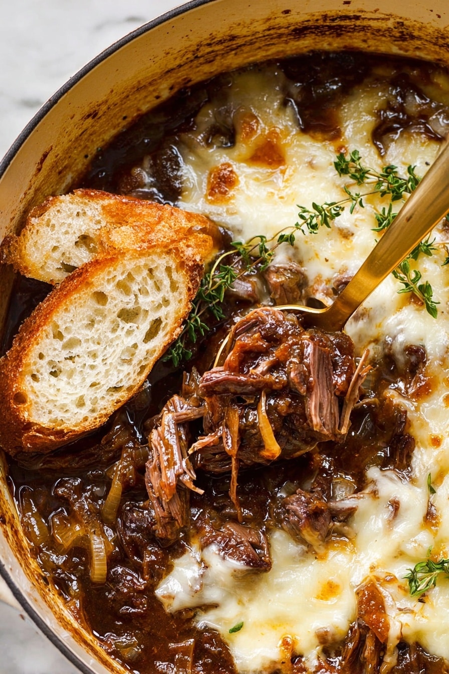 The image shows a pot filled with rich beef stew topped with melted white cheese that is unevenly spread, creating a creamy texture on the surface. The stew has visible dark brown shredded beef pieces mixed with soft caramelized onions in a thick brown sauce. Two pieces of light beige toasted bread rest on the side inside the pot. A gold spoon is inserted into the stew, lifting some shredded beef and sauce, surrounded by sprigs of fresh green thyme. The inner sides of the pot have a browned, slightly greasy texture from the stew. The pot sits on a white marbled surface. Photo taken with an iphone --ar 2:3 --v 7 - French Onion Chuck Roast, caramelized onion beef roast, slow-cooker roast with Gruyere, tender beef dinner recipes, comforting beef casserole