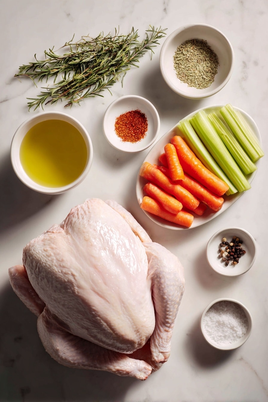 Flat lay of a whole skin-on, bone-in turkey breast with natural texture and subtle skin sheen, a small white ceramic bowl of golden olive oil, a small white ceramic bowl filled with dried rosemary sprigs, a small white ceramic bowl with a mix of poultry seasoning powder, a small white ceramic bowl containing reddish paprika powder, a small white ceramic bowl holding fine garlic powder, a small white ceramic bowl of coarse sea salt crystals, a small white ceramic bowl with whole black peppercorns, three fresh large peeled carrots cut into 1-inch pieces, three fresh celery stalks cut into 1-inch pieces, and a simple white ceramic bowl with clear turkey broth, all perfectly arranged with balanced spacing and symmetry, placed on a clean white marble surface, soft natural light, photo taken with an iPhone, professional food photography style, fresh ingredients, white ceramic bowls, no bottles, no duplicates, no utensils, no packaging --ar 2:3 --v 7 --p m7354615311229779997 - Dutch Oven Turkey Breast Roast, turkey breast roast recipe, easy turkey dinner, Juicy turkey breast, oven roasted turkey
