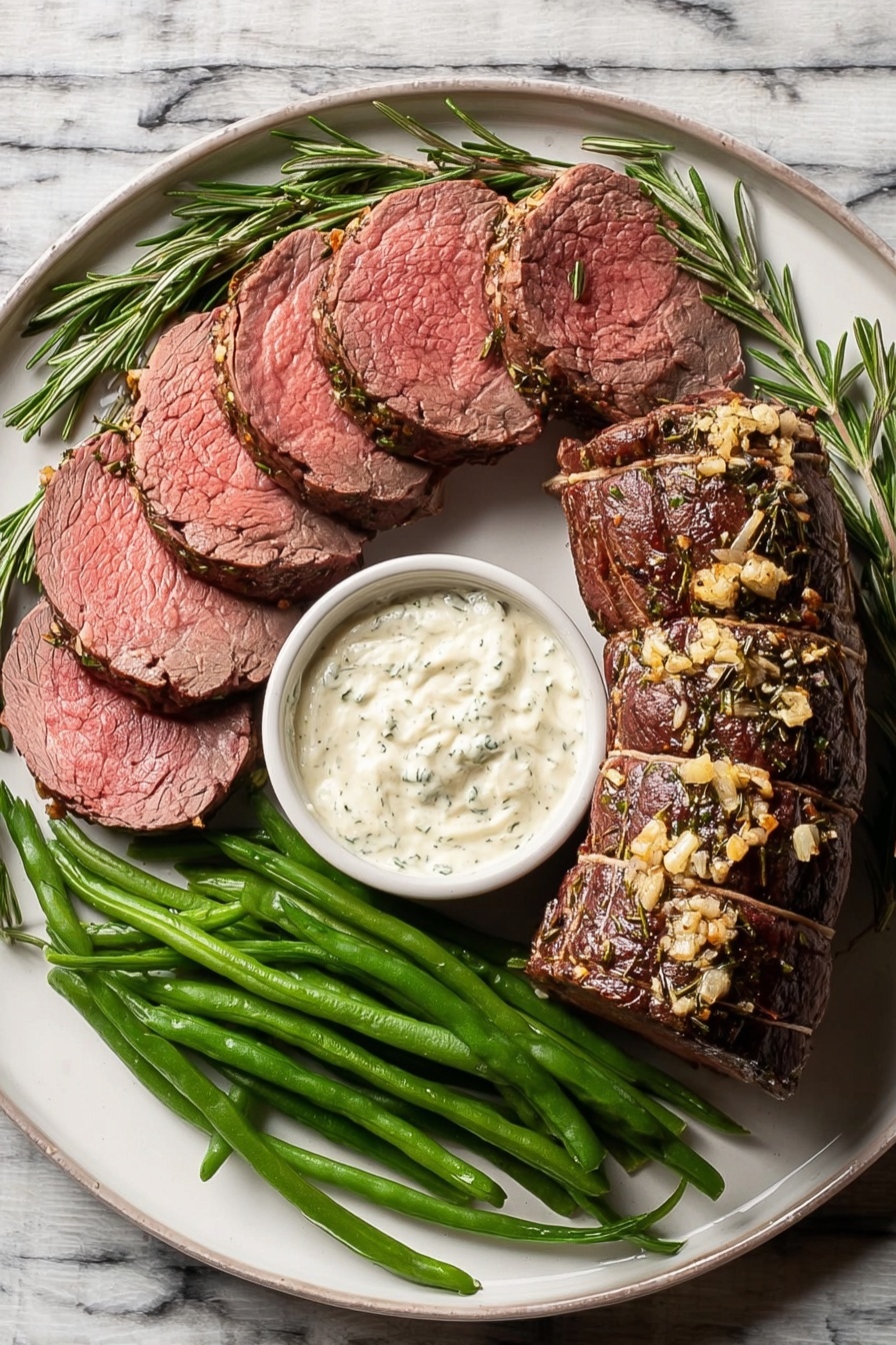 A white plate on a white marbled surface holds a dish with four visual layers: on the right, a tied roast with a dark brown crust sprinkled with garlic and herbs; next to it, a small white bowl filled with creamy white sauce with green flecks in the center; on the left side, evenly sliced pieces of pink-centered roast neatly arranged in a fan shape showing the meat texture; and below, a bunch of bright green cooked green beans placed diagonally with a slight shine. Fresh rosemary sprigs decorate the edges of the plate. photo taken with an iphone --ar 2:3 --v 7 - Million Dollar Beef Tenderloin Roast, beef tenderloin roast, fancy beef roast recipe, special occasion beef dinner, garlic herb beef roast