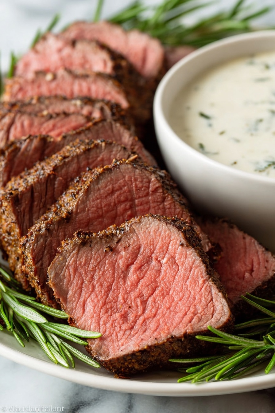 A close-up view of several thick slices of medium-rare steak arranged in layers on a white plate, each slice showing a brown, seasoned crust on the outside and a pink, tender center with some visible grain texture; there are sprigs of fresh rosemary placed around the meat, adding green color and texture. Behind the steak, there is a white bowl filled with a creamy, pale sauce that has a few small green herb bits visible in it. The entire scene is set on a white marbled surface, adding subtle texture in the background. photo taken with an iphone --ar 2:3 --v 7 - Million Dollar Beef Tenderloin Roast, beef tenderloin roast, fancy beef roast recipe, special occasion beef dinner, garlic herb beef roast