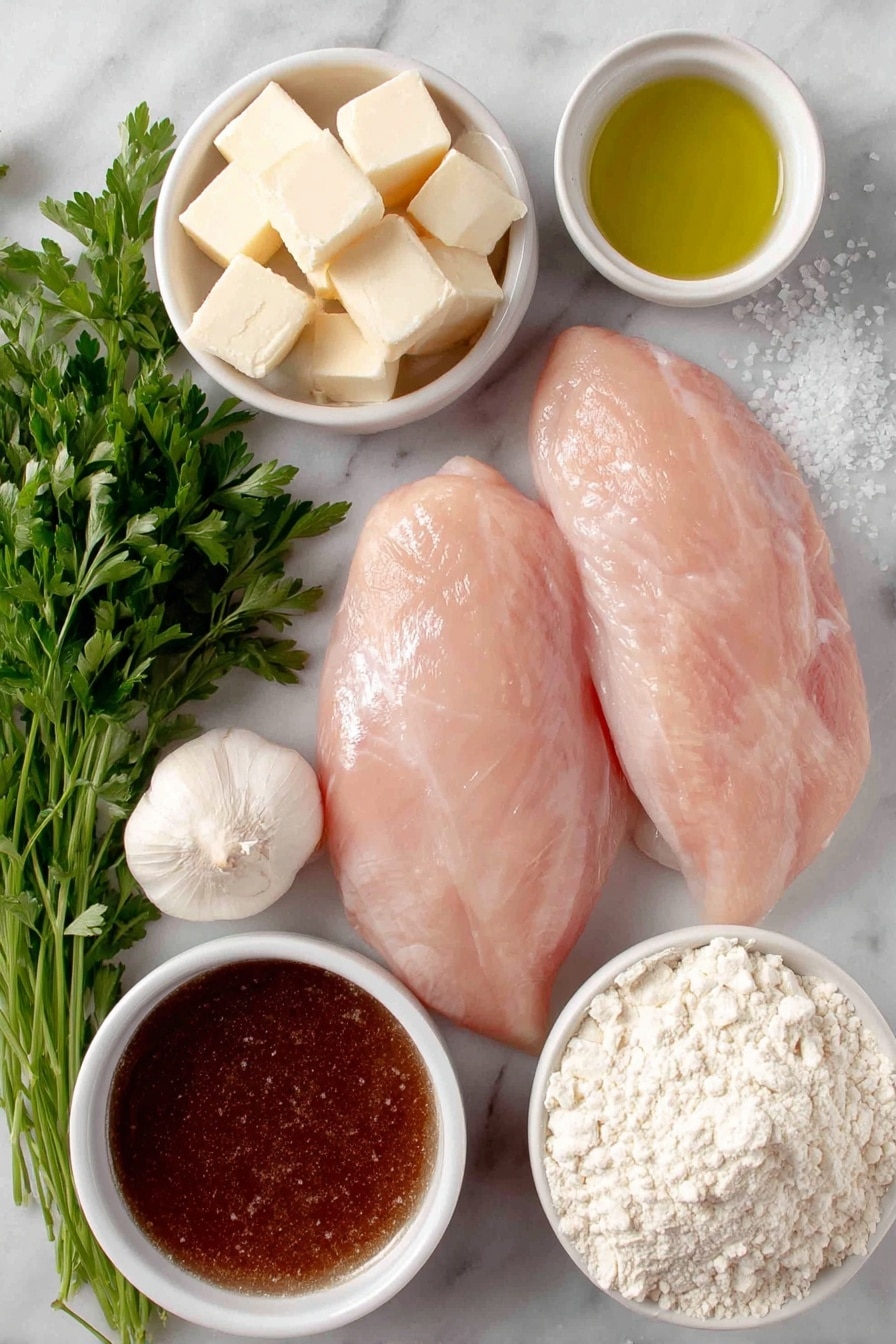 Flat lay of two whole turkey tenderloins with smooth pale pink skin, a small mound of fine sea salt sprinkled beside them, a small white ceramic bowl of golden avocado oil, a small white bowl with soft yellow butter cubes, a small white bowl with fluffy white flour, two fresh whole garlic cloves alongside finely grated garlic, a bunch of vibrant green parsley sprigs, and a simple white bowl filled with rich brown beef broth, all placed in perfect symmetry on a clean white marble surface, soft natural light, photo taken with an iPhone, professional food photography style, fresh ingredients, white ceramic bowls, no bottles, no duplicates, no utensils, no packaging --ar 2:3 --v 7 --p m7354615311229779997 - Garlic Turkey Tenderloin with Easy Gravy, Turkey Tenderloin recipe, quick turkey dinner, flavorful turkey entrees, easy turkey recipes for weeknights